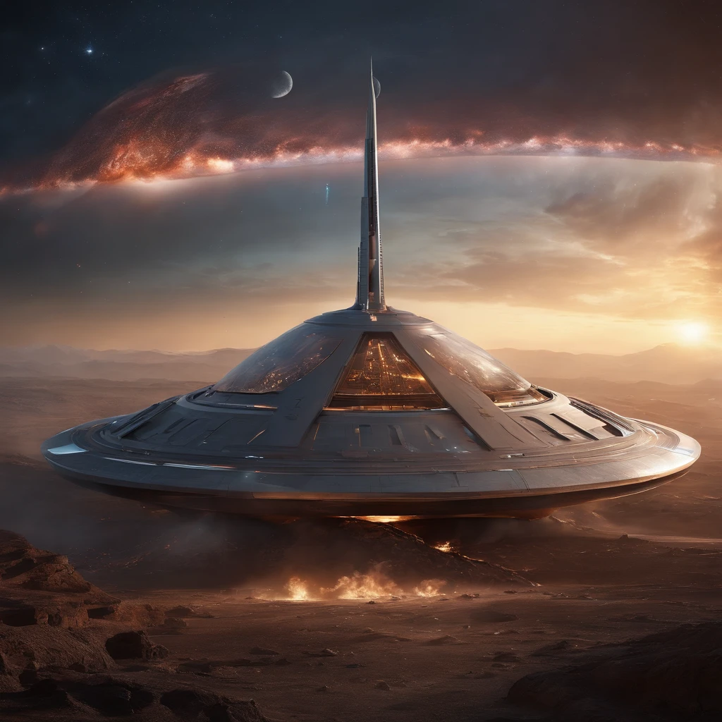 A huge spaceship,Conical type,Spiral outer wall structure,Detailed hull details,Full of art,Cosmic galaxy background,Doomsday scenario,Crumbling earth,a volcano erupts,energy blast,The fleeing spaceship,((Best quality)), ((Masterpiece)), (dramatic scene), (Epic composition:1.2), (CG animation:1.1)