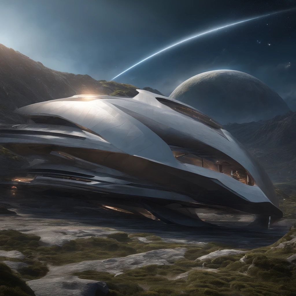 A huge spaceship,Conical type,Spiral outer wall structure,Detailed hull details,Full of art,Cosmic galaxy background,Doomsday scenario,Crumbling earth,a volcano erupts,energy blast,The fleeing spaceship,((Best quality)), ((Masterpiece)), (dramatic scene), (Epic composition:1.2), (CG animation:1.1)