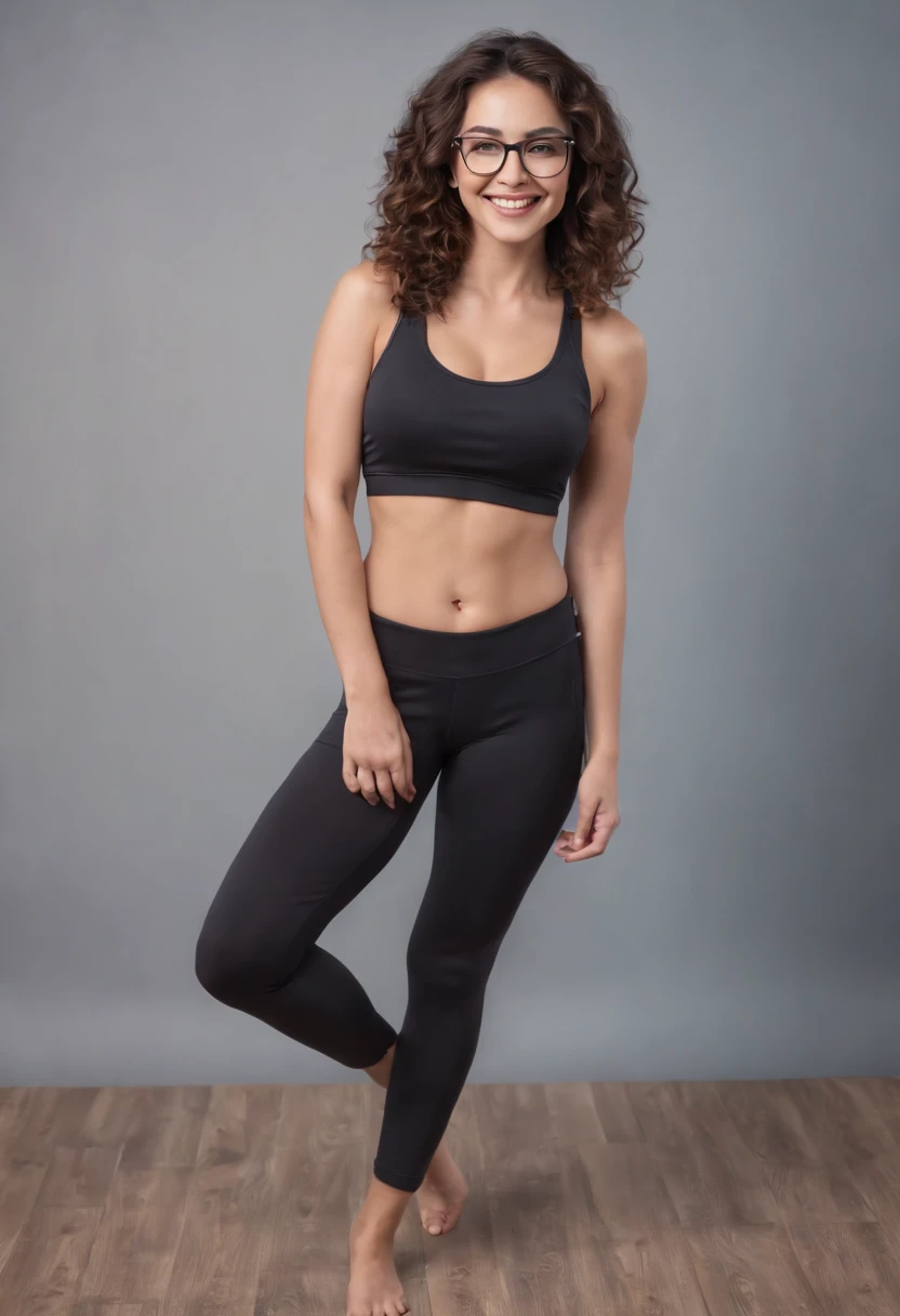 zPDXL2, zPDXLpg, zPDXLrl, A portrait photo of a 26-year-old influencer posing in her yoga outfit, as a backdrop looms behind her. This tanned stunner features a (well-defined hourglass silhouette), (bountiful perky breasts), graceful toned flesh, and a (choppy-messy bob).