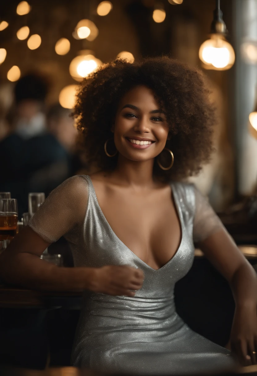 Photo brute, (effet large:1.2), afro-american:1.3, detailled eyes:1.1, DSLR, softlighting, (cheveux noirs:1.1), sitting in an office with a cup of coffee, Photo of Belle fille métisse, attractif, A mixte -peau de race, tattoos and piercings, Grose poitrine, Photo dans le bureau assise , curly hair, High detail, mise au point nette, dramatique, Real photo of a beautiful 22-year-old mixed-race girl, Huge-breasts, charme, realistic skin, realistic face, sauvage, en forme, extase (beautiful detailed eyes), (beste-Qualit), (super detailed), (face detailed), (pose dynamique), Canon EF 85mm f/1.2 L II USM, A woman sitting with her coffee in a restaurant, with a white jacket and red lips, Focus sur l'expression du visage, sitting in a Parisian café, photo-realistic, ultra-realistic, ((Realistic natural skin texture)), sourire, jeune fille de belle et souriante 22 ans, LONGS CHEVEUX NOIRS, seductive face, sparkling eyes, Well-dressed woman, (décolleté), Specificities (Textures ! , cheveux! , Briller, Couleur!! , beste-Qualit, Lumpy, ultra fou, natural lighting, pose dynamique, Hyperrealistic, realistic lighting, high contrast, Perspective dramatique, thin very curved eyebrows ,Regarder le spectateur, Lie huge smile, ((peau claire,):1.4), gros seins, objectif zoom 200 mm f/1.4 (photoreallistic:1.2) (Bokeh) (beste-Qualit) (detailed skin:1.3) (intricate high detail) (8k) (Hdr) (Film analogique) (Canon D5) (Kinematic lighting) ( mise au point nette), perspective dramatique, natural lighting, volumetric shading, pose dynamique, Hyperrealistic lighting, Realstic, portrait, femme attrayante, Afro-American girl, gros seins naturels, grosses hanches, gros cul, (grain du film:1.1) , (Dressed in a silver satin dress, Sans manches:1,3)), (Silver satin dress), (Very heavy dimples) Souriant, Wear a designer top (very heavy bust),(breasts and vaginal labia are visible, Seins naturels gigantesques,