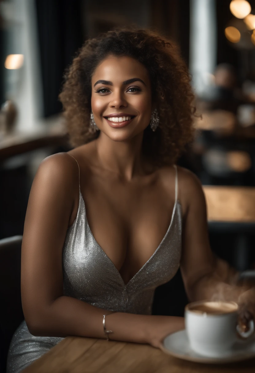Photo brute, (effet large:1.2), afro-american:1.3, detailled eyes:1.1, DSLR, softlighting, (cheveux noirs:1.1), sitting in an office with a cup of coffee, Photo of Belle fille métisse, attractif, A mixte -peau de race, tattoos and piercings, Grose poitrine, Photo dans le bureau assise , curly hair, High detail, mise au point nette, dramatique, Real photo of a beautiful 22-year-old mixed-race girl, Huge-breasts, charme, realistic skin, realistic face, sauvage, en forme, extase (beautiful detailed eyes), (beste-Qualit), (super detailed), (face detailed), (pose dynamique), Canon EF 85mm f/1.2 L II USM, A woman sitting with her coffee in a restaurant, with a white jacket and red lips, Focus sur l'expression du visage, sitting in a Parisian café, photo-realistic, ultra-realistic, ((Realistic natural skin texture)), sourire, jeune fille de belle et souriante 22 ans, LONGS CHEVEUX NOIRS, seductive face, sparkling eyes, Well-dressed woman, (décolleté), Specificities (Textures ! , cheveux! , Briller, Couleur!! , beste-Qualit, Lumpy, ultra fou, natural lighting, pose dynamique, Hyperrealistic, realistic lighting, high contrast, Perspective dramatique, thin very curved eyebrows ,Regarder le spectateur, Lie huge smile, ((peau claire,):1.4), gros seins, objectif zoom 200 mm f/1.4 (photoreallistic:1.2) (Bokeh) (beste-Qualit) (detailed skin:1.3) (intricate high detail) (8k) (Hdr) (Film analogique) (Canon D5) (Kinematic lighting) ( mise au point nette), perspective dramatique, natural lighting, volumetric shading, pose dynamique, Hyperrealistic lighting, Realstic, portrait, femme attrayante, Afro-American girl, gros seins naturels, grosses hanches, gros cul, (grain du film:1.1) , (Dressed in a silver satin dress, Sans manches:1,3)), (Silver satin dress), (Very heavy dimples) Souriant, Wear a designer top (very heavy bust),(breasts and vaginal labia are visible, Seins naturels gigantesques,