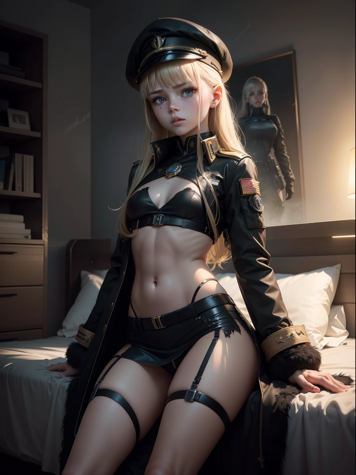 Destroyed towns,3 Ukrainian girls , Ukrainian anime girls , , Ukraine , Full body composition of young girl with messy bright blonde hair, eye make up, 13 year old, Soft lighting, Solo, Old torn dirty shabby futuristic military uniform, badges, Pose, Blotch color, Octane Render, Hyperrealistic intricate detail, Cinematic, 8K resolution, 70mm, Accent Lighting, Global Illumination, Full body portrait, clean detailed faces, intricate clothing, Cute face, flat chest, Slim waist, Slim legs, small hips,Black Special Forces Long Coat,Black beret,Lying in bed,Black panties,Lying in bed,relax,Touch the crotch with your right hand