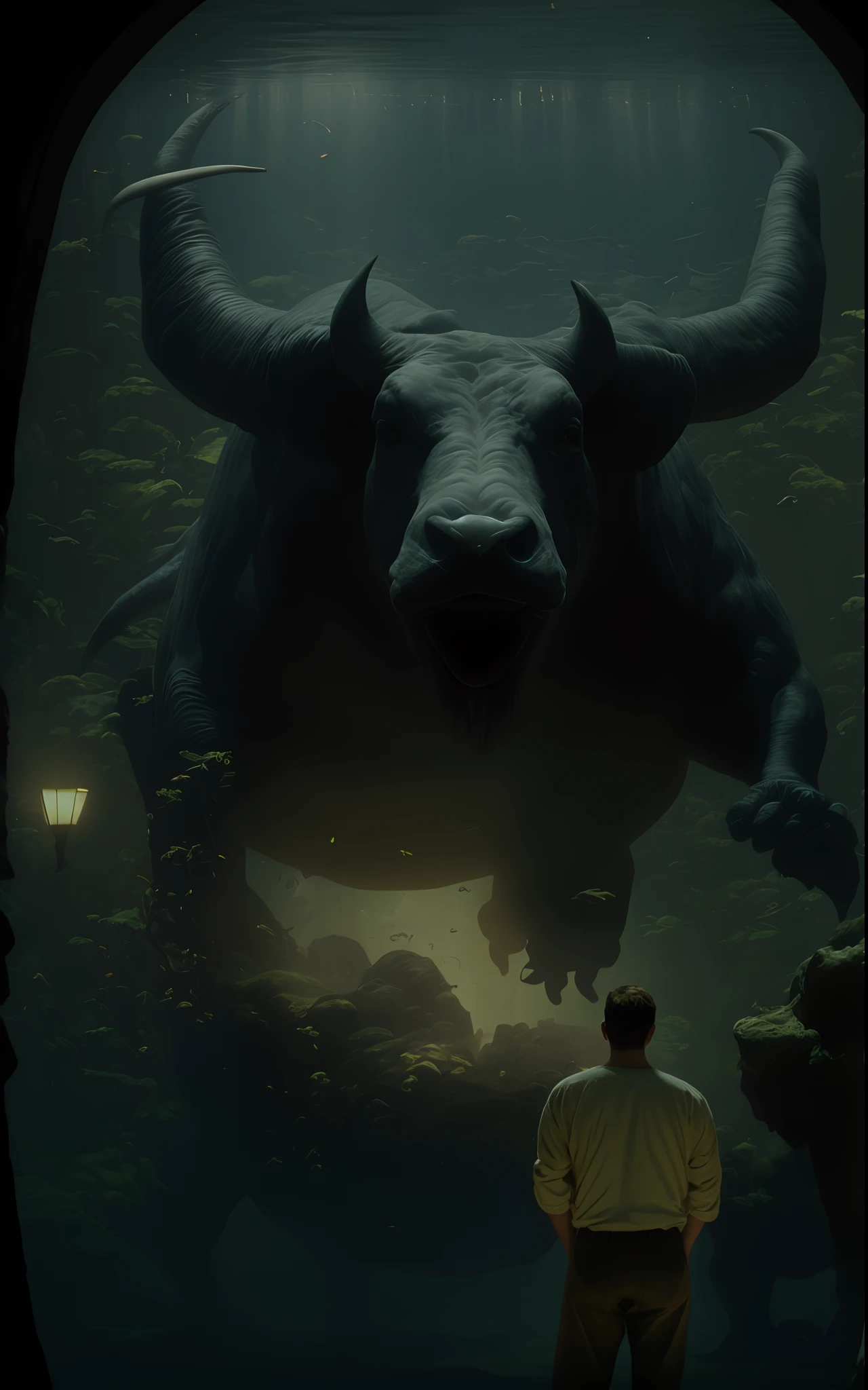 There is a man standing in front of a large bull, ainda de um filme de fantasia, Beeple e Jean Giraud, 3D render e pintura fosca, estilo fantasia 8 k octane render, Tiro VFX, filme ainda 8K, giant ethereal creature, fantasy and cosmic horror movie, arte fantasia behance, Tinta escura 8K, Tinta escura 8K