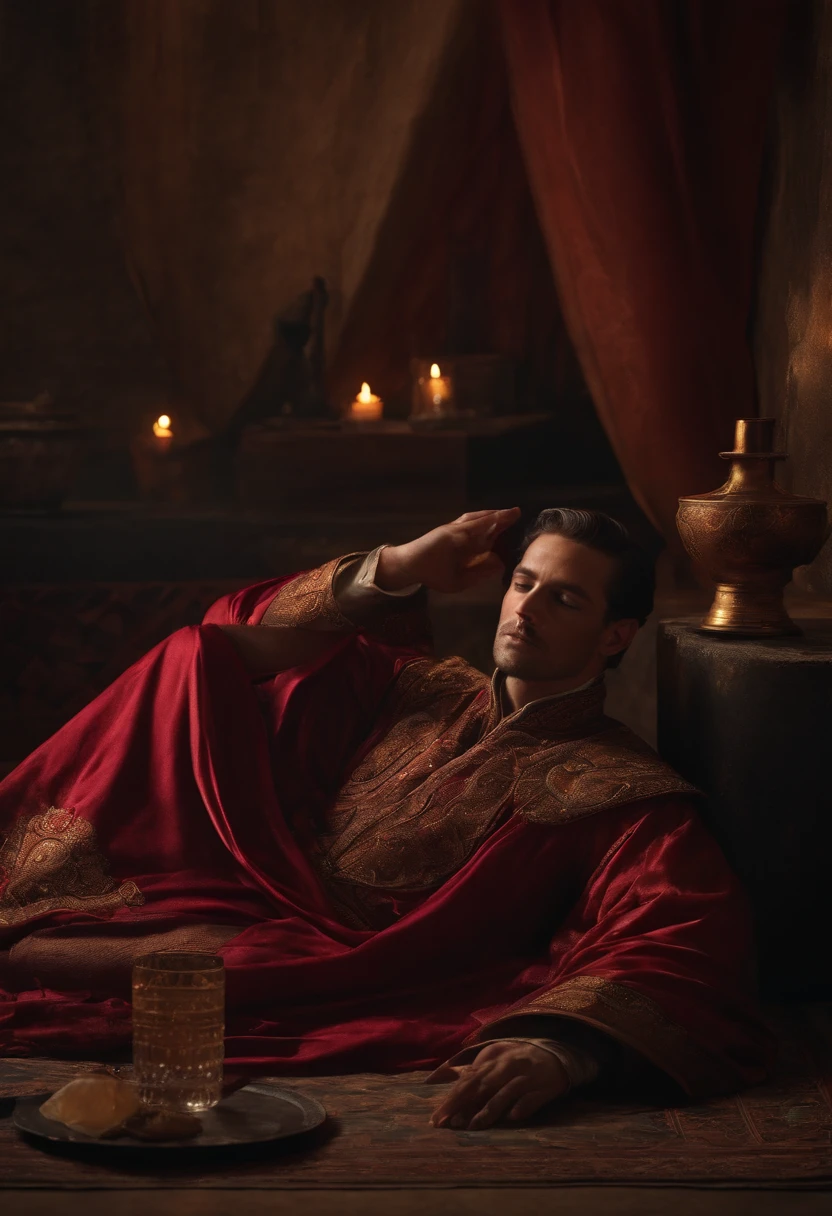 Realistic image of a man lying on the ground in ancient imperial robes and a glass of poisoned wine next to him