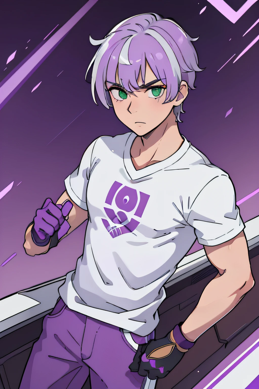 1boy, short white hair with purple streak, Green eyes, Purple Gloves, Clean purple sleevesless t-shirt, brown pants, absurdres, high res, ultrasharp, 8k, 4k, FullHD, masterpiece, base for model, straight, stopped