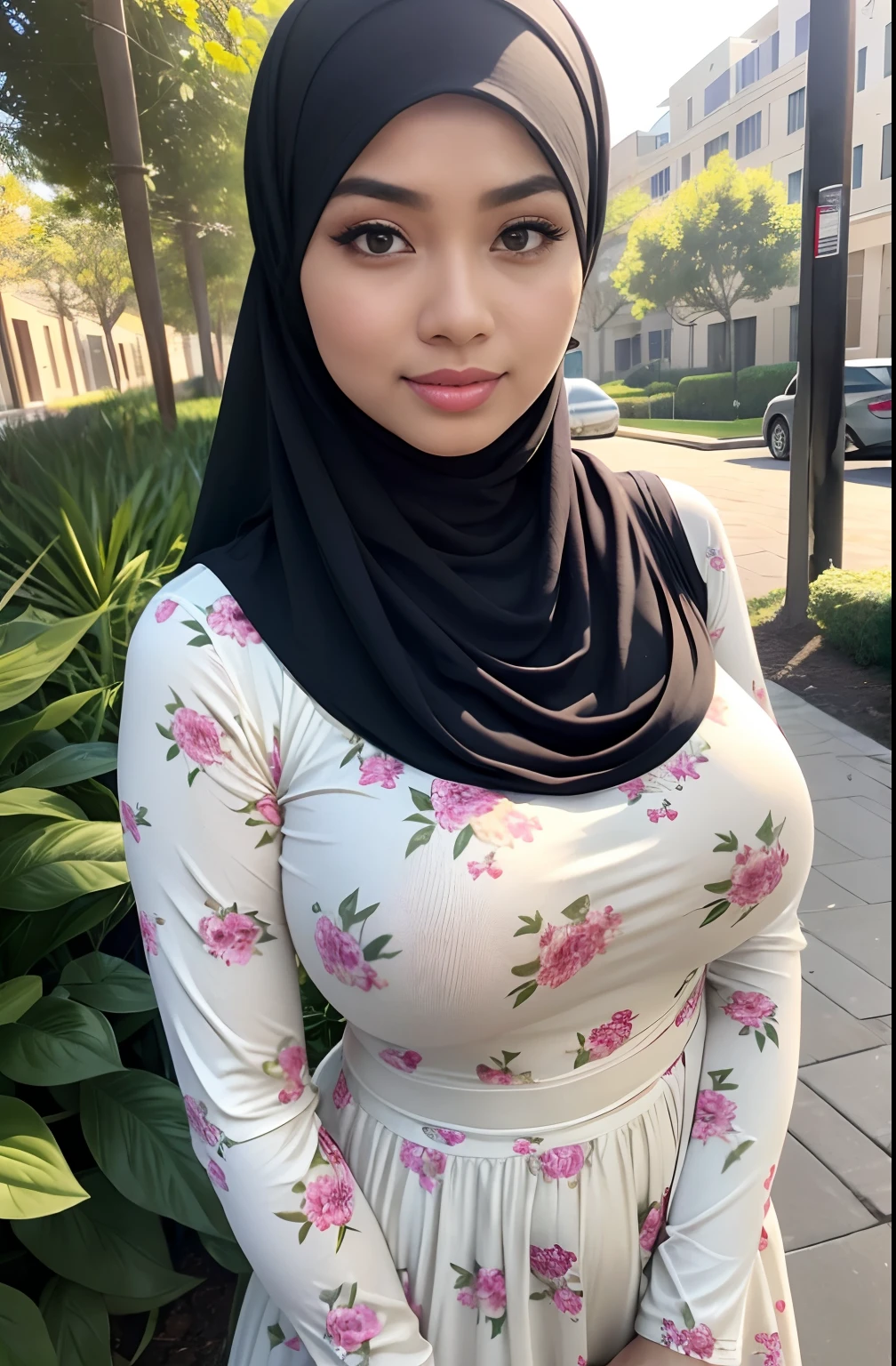 1 malay girl , modern plain hijab, shy, medium portrait shot , watery eyes ,lip watery, lip glossy, ((big breast)), Wearing a wide V-neck dress with lace, pink blous, The dress covered her curvaceous figure perfectly, highlighting her seductive silhouette, no underwear, shy, medium portrait shot , watery eyes, ((big breast, big thighs)), proportional body, (pose:Sitting on the grass, facing the camera and opening her thighs to reveal her pussy, (up skirt:2), (exposed Pubic hair:1.4), (hairy:1.1), (show pussy:0.8), (view from front, low angles), Onepiece, Detailed, morning, Sunrise, High resolution, ultra-quality, Super masterpiece, Colored leaves, ultra detail
