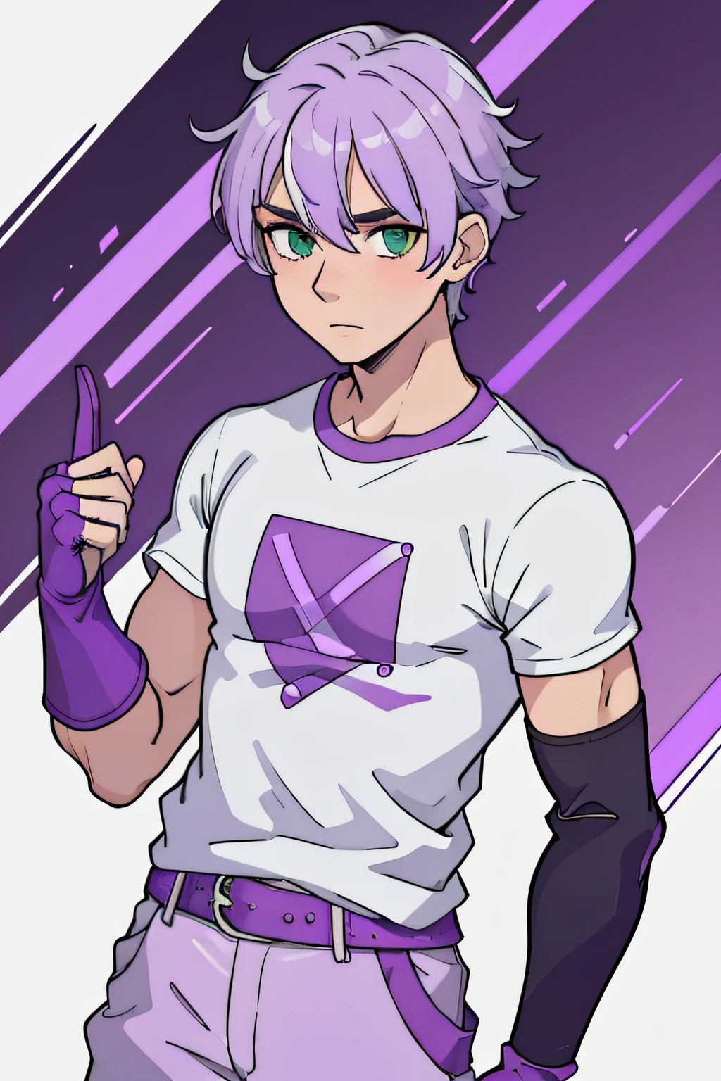 1boy, short white hair with purple streak, Green eyes, Purple Gloves, Clean purple sleevesless t-shirt, brown pants, absurdres, high res, ultrasharp, 8k, 4k, FullHD, masterpiece, base for model, straight, stopped