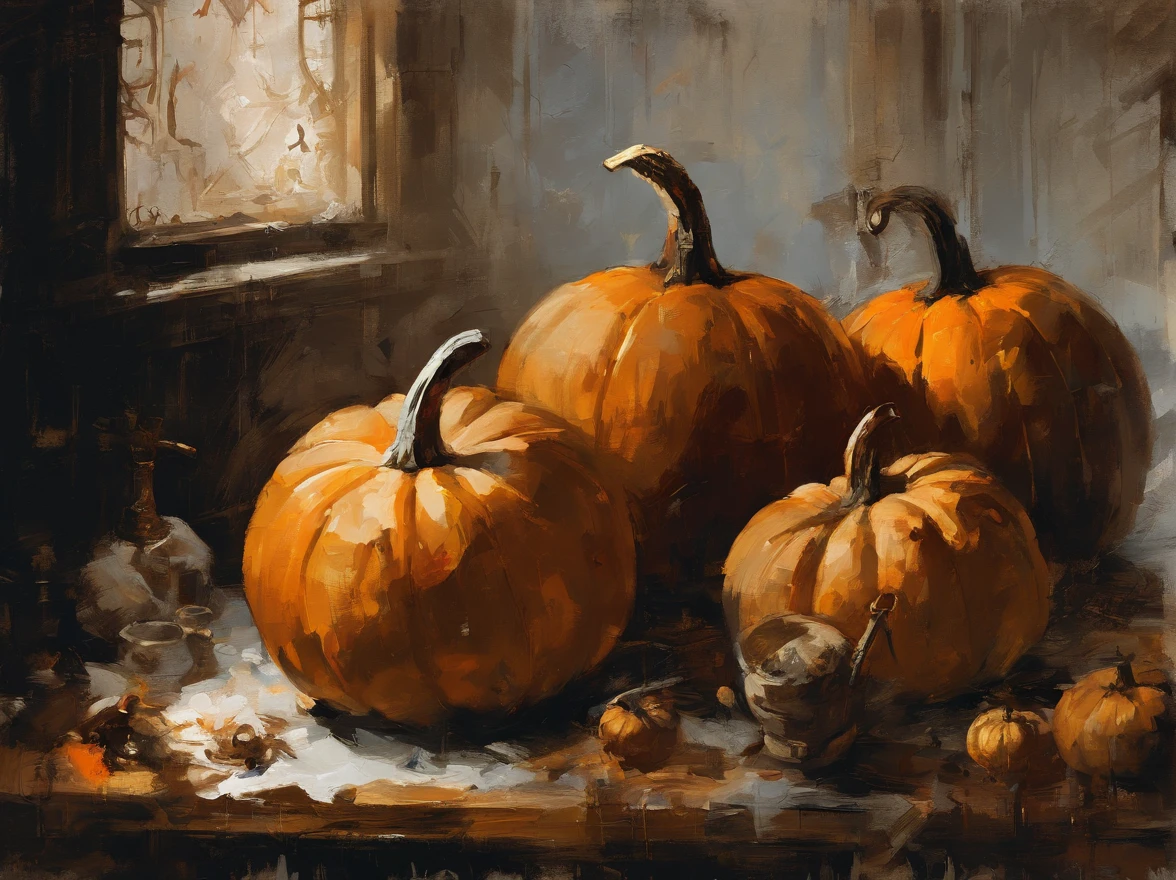 oil painting, heavy brushstrokes, paint drips, A scene of pumpkins, sitting in a vintage kitchen, Baroque, dramatic contrasts between light and dark, emotional intensity, tenebrism, soft edges, oil on canvas, romanticism, baroque, realism, chiaroscuro, Dutch Golden Age, impasto, by Rembrandt van Rijn, by Rembrandt, rich, deep colors, layered image shaded by cells, golden ratio, award winning, professional, highly detailed, intricate, volumetric lighting, gorgeous, masterpiece, sharp focus, depth of field, perfect composition, award winner, artstation, acrylic painting, pixiv fanbox trends, palette knife and brush strokes, 16k hi-res, uhd