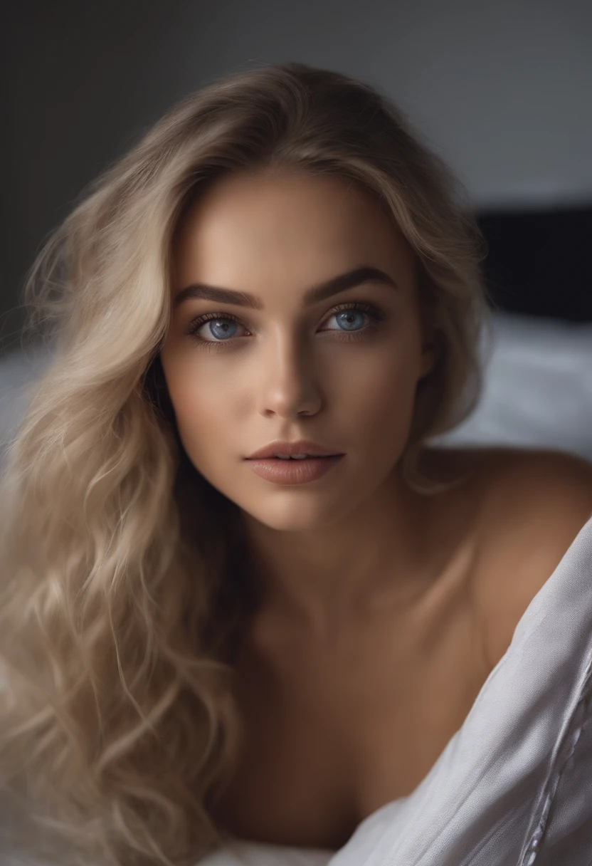 Arafed woman completely , fille sexy aux yeux bleus, ultra realist, Meticulously detailed, Portrait Sophie Mudd, cheveux blonds et grands yeux, selfie of a young woman, Yeux de chambre, Violet Myers, sans maquillage, maquillage naturel, looking straight at camera, Visage avec Artgram, Maquillage subtil, Great photo of the whole body kneeling on the bed, dans la chambre, Medium to large bust, seins 95 c, totalement nue,