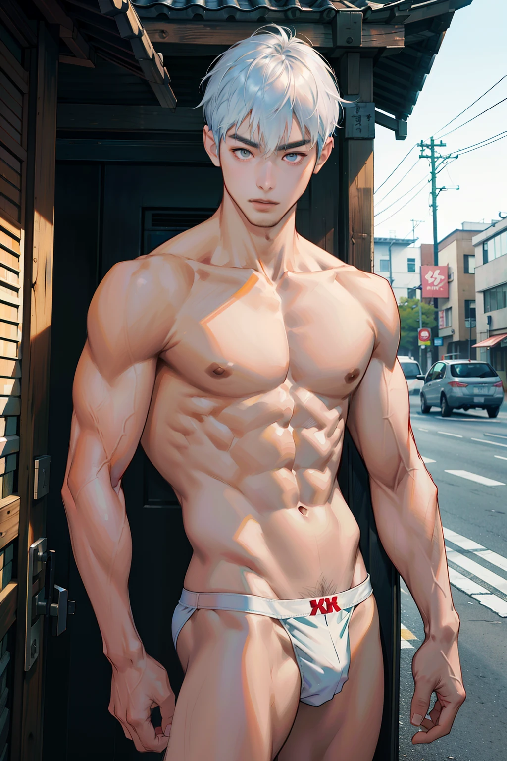 A Korean man, Slim body , Pale Asian skin, good eyes, Detailed body, Detailed face, Wear white thongs, Bare lower body, Good outdoor lighting, sexyposture, Good expression , Sexy but cute, No strange poses, No beard, ,Only skinny thongs, A handsome face like a K-pop idol, Topless