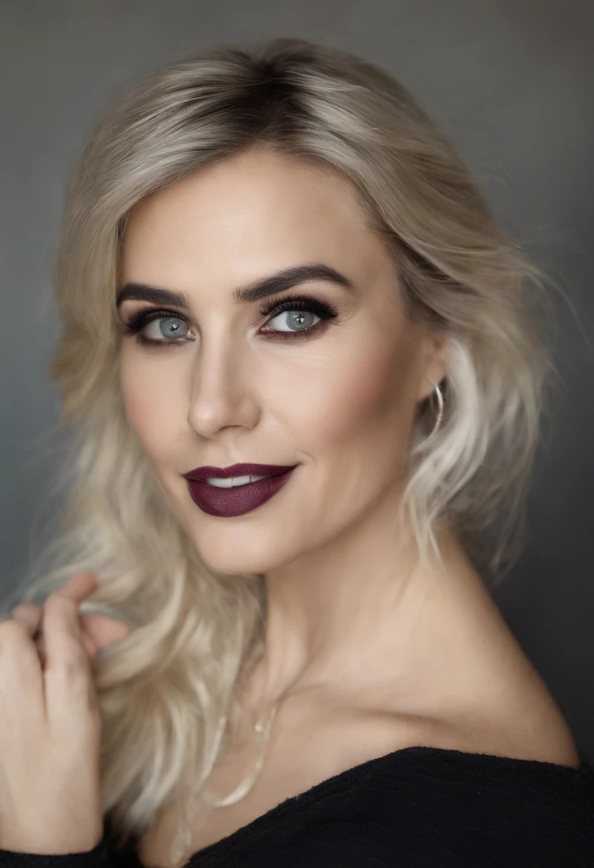 Apotheosically youthful (((whole body))) girl, approximately 45 to 50 years old, ultra cool, smiling, with perfect intense and striking black eyes, straight hair and a silver and black gradient color, fascinating and subtle features, wearing rainbow-colored jeans, deep black blouse without bras, large breasts, in a medieval-style candle-lit environment