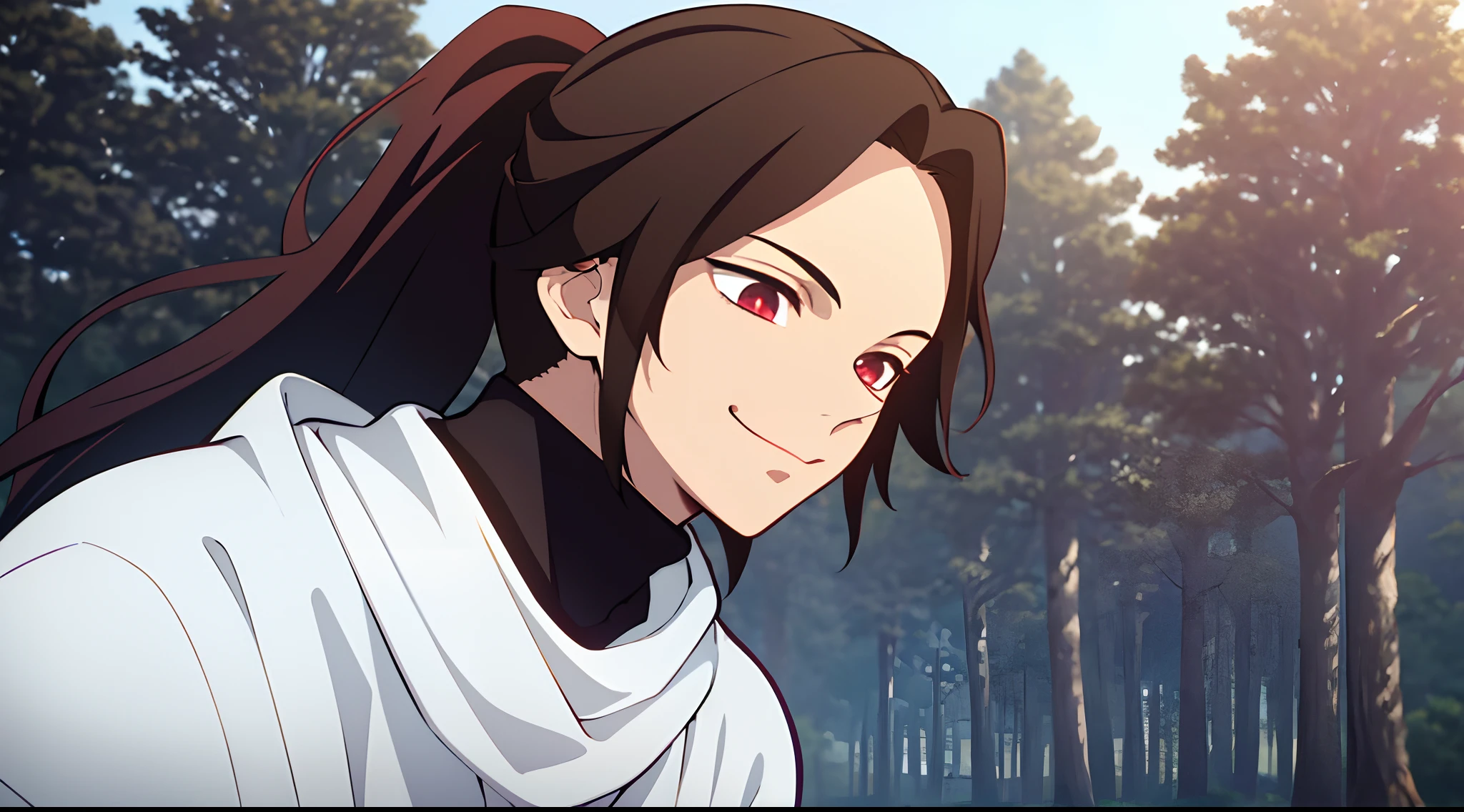 Masterpiece, Best Quality, 1Boy, Solo, Light Brown hair, Long hair ponytail, parted bangs, Red Haori, Black turtleneck, Long Brown hair, Red eyes, Demon Slayer, light smile, Power, cinematic lighting, light tracing, outdoors, tree, blue sky, close up