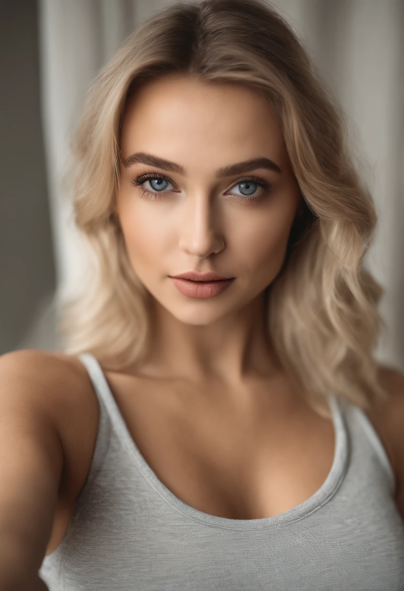 lifelike, high - resolution, 1 girl with a perfect body, Super fine, detailed face and eyes,blonde hair, Tank top of random colors:1.2, short jeans, push up bra, Expose cleavage