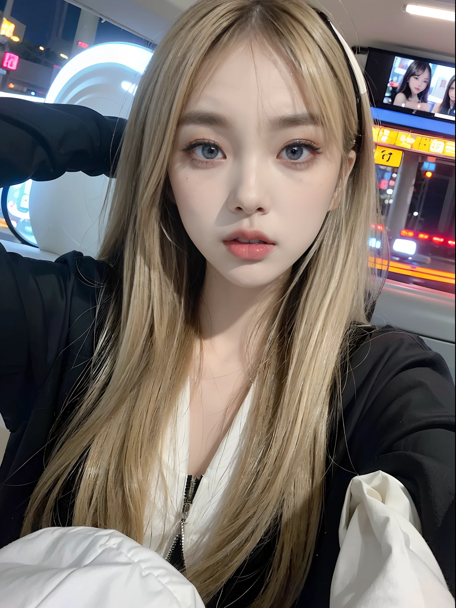 ((4K works))、​masterpiece、(top-quality)、1 beutiful girl、Slim body、((Attractive clothes in black and white))、(Detailed beautiful eyes)、Take selfies on the road at night、((Face similar to Carly Rae Jepsen))、((Boyish blonde long hair))、((Smaller face))、((Neutral face))、((Bright blue eyes))、((American adult women))、((Adult female 26 years old))、((cool lady))、((Like a celebrity))、((Wild look))、((Korean Makeup))、((elongated and sharp eyes))、((Girlfriend enjoying happy date))、((boyish))、((She is walking in front of the viewer))、((Shot from the top of the face))、((Her selfie))、((Zoom focus to face))、((Face enhancement))、((Shot close to the face))、((Face Close-up))