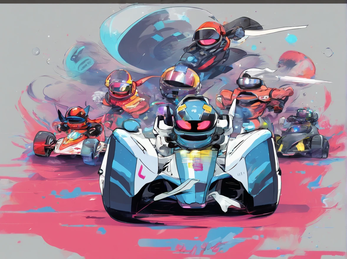 Three cartoon characters are riding on a track with helmets, New AI race, Alien racing drivers, f 1, race, helmet instead of head, helmet is off, Drivers, Ferrari, Formula 1, F1 cars blurred on the background, :underage::clown:, :whale2: as :elephant: as :robot: as :alien: as :whale:, official modern animation, cognitohazard, anime, pixelized, kids cartoon