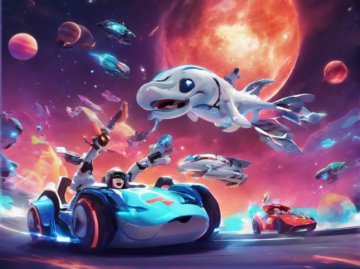 Three cartoon characters are riding on a track with helmets, New AI race, Alien racing drivers, f 1, race, helmet instead of head, helmet is off, Drivers, Ferrari, Formula 1, F1 cars blurred on the background, :underage::clown:, :whale2: as :elephant: as :robot: as :alien: as :whale:, official modern animation, cognitohazard, anime, pixelized, kids cartoon