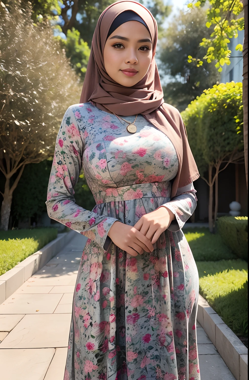 RAW, Best quality, high resolution, masterpiece: 1.3), beautiful Malay woman in hijab,Masterpiece, perfect slim fit body, (Huge breasts), big gorgeous eyes, Soft smile, Delicate turtleneck print sun dress, necklace, shairband, afternoon walk, City garden, Excellent lighting, Bright colors, Clean lines