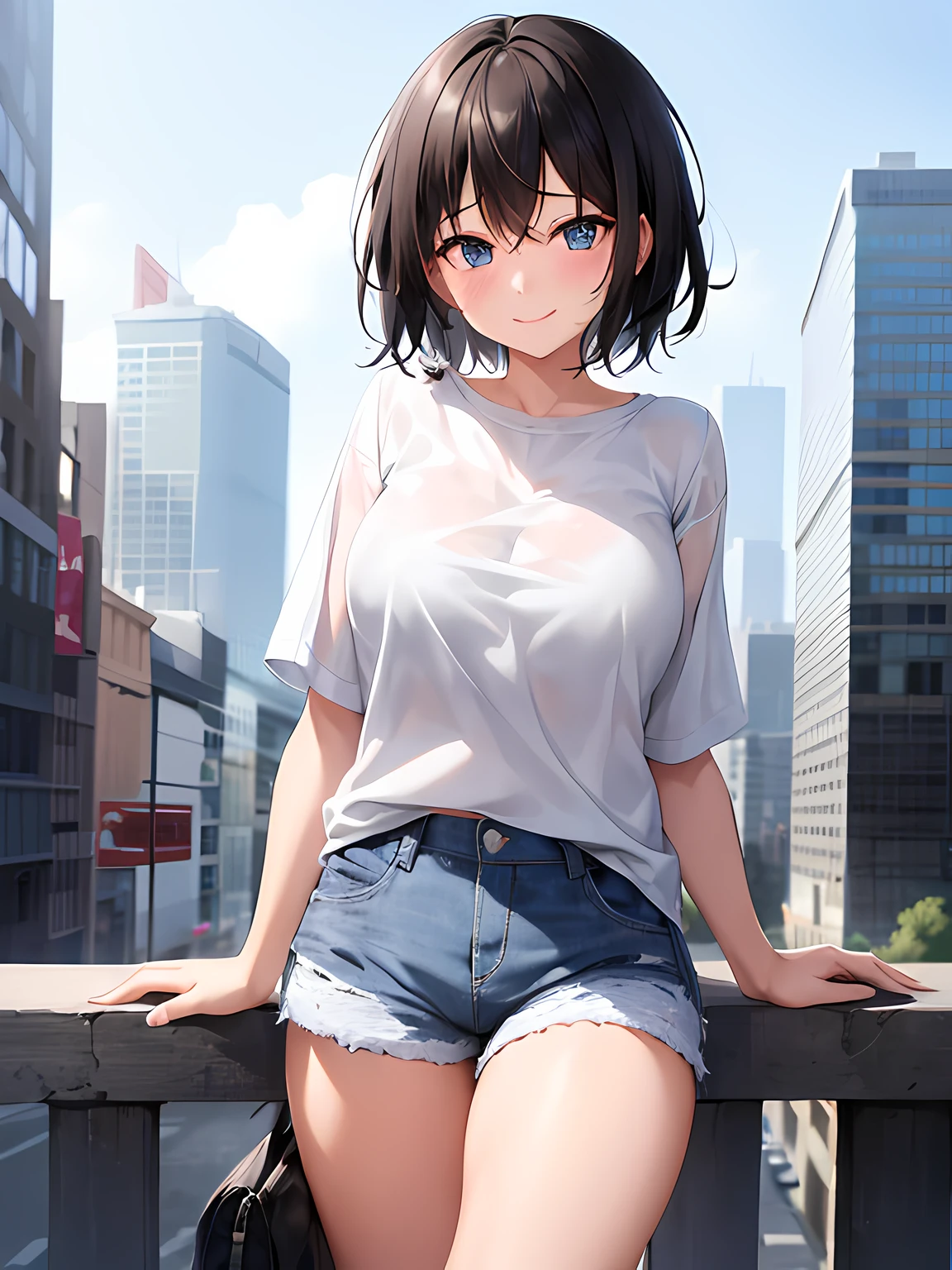 1girl, short black hair, shy, smile, blue eyes, wearing plain white shirt, denim shorts, city, absurdres, high res, ultrasharp, 8K, masterpiece, looking at viewer