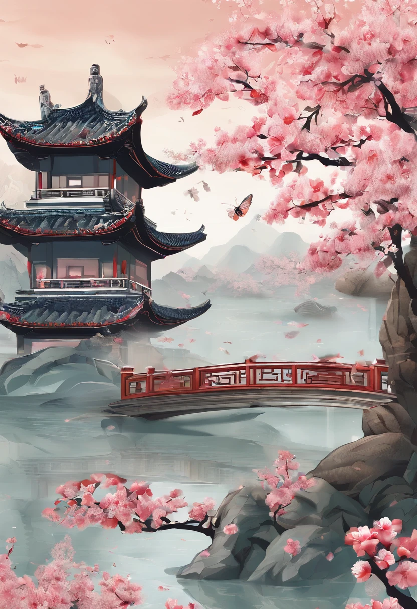 rainwater,Traditional Chinese solar term term,early spring,(((SakuraNS))),National style,Ink wind,There is a snail on the cherry blossoms after the rain,closeup cleavage,Landscape view,Don't be characterized,Don't be characterized