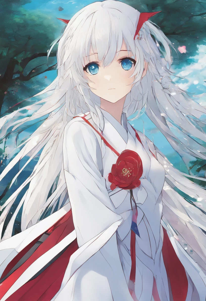 Kiana Kaslana,A girl with long white hair,8K,Delicate girl,Armed with a red giant sword,blue colored eyes,White clothes,Cute,Masterpiece,Gentle and sweet,火焰