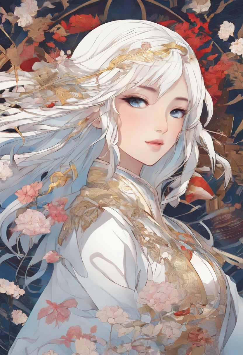 Kiana Kaslana,A girl with long white hair,8K,Delicate girl,Armed with a red giant sword,blue colored eyes,White clothes,Cute,Masterpiece,Gentle and sweet,火焰