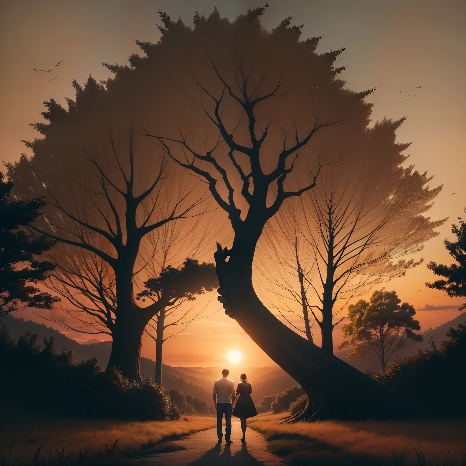 A man embracing a woman, em uma colina olhando o por do sol, cidade em festa em baixo da colina:: High contrast wide avenue in front full of trees, plane trees