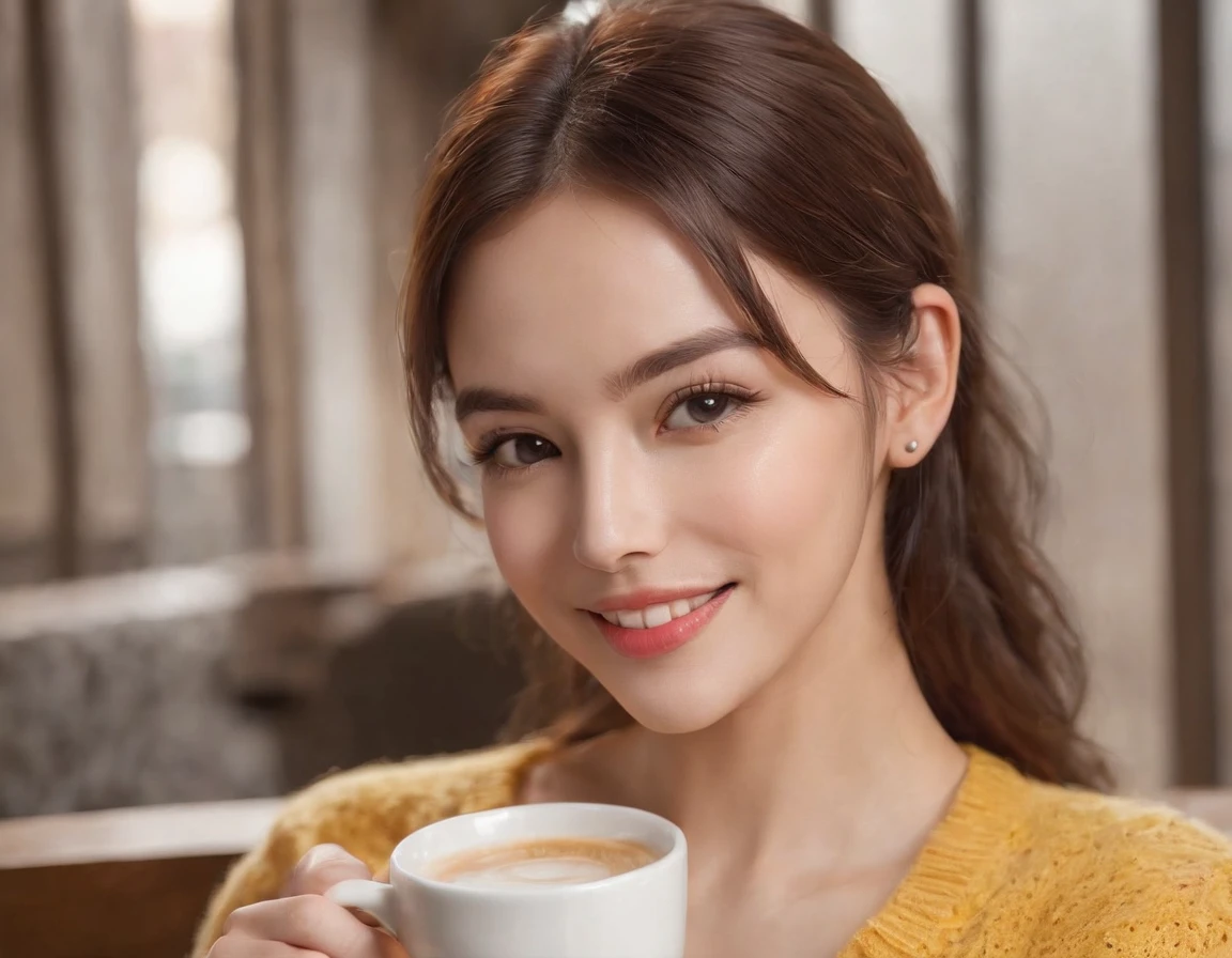 Cute beautiful brunette with yellow sweater (Drink coffee at a modern café at sunset), The is very detailed, 岁, Innocent face, natural wavy hair,brunette color hair，High-res, tmasterpiece, best qualtiy, intricately details, The is very detailed, foco nítido, Detailed skins, realistic skin textures, textur, 詳細な目, professional, 4K, Charming smile, shot with a canon, 85 mm, light depth of field, Kodak Visual Color, A perfectly fitting body, extremely detaile, photore_\(Supergianthugebreasts\), fotorealistisch, hentail realism, post-proces, max detail, Roughness, reallife, ultra-realistic realism, photorealisti, photography of, 8K  UHD, photography of