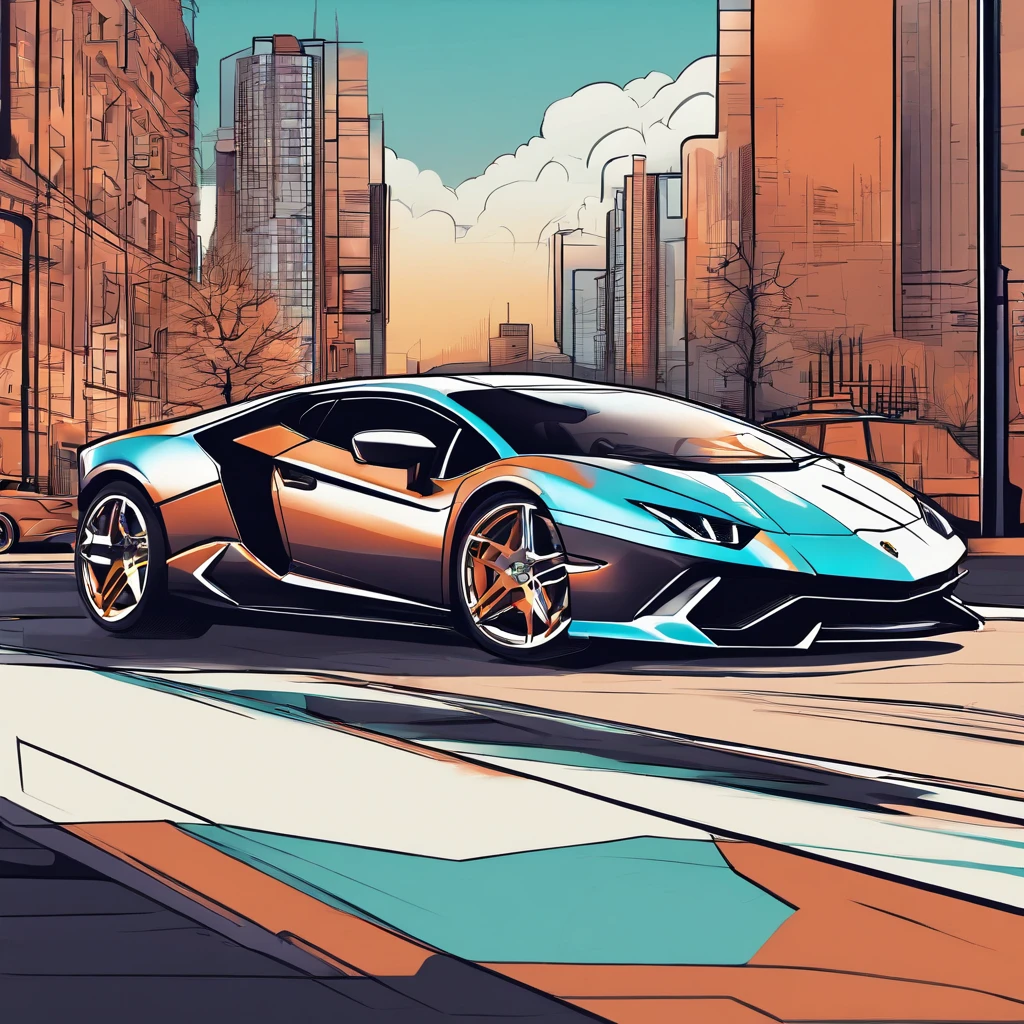 Lamborghini design in the street and in the background on the horizon, illustrative drawing, urban scenery, vibrant colors, dynamic lighting, high quality (4k, HDR), detailed car body, shiny metallic texture, realistic shadows, street lights, stylish and sleek design, futuristic vibes, urban atmosphere.