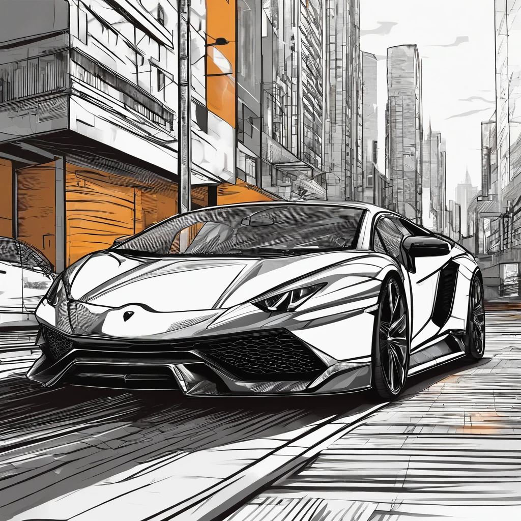 Lamborghini design in the street and in the background on the horizon, illustrative drawing, urban scenery, vibrant colors, dynamic lighting, high quality (4k, HDR), detailed car body, shiny metallic texture, realistic shadows, street lights, stylish and sleek design, futuristic vibes, urban atmosphere.