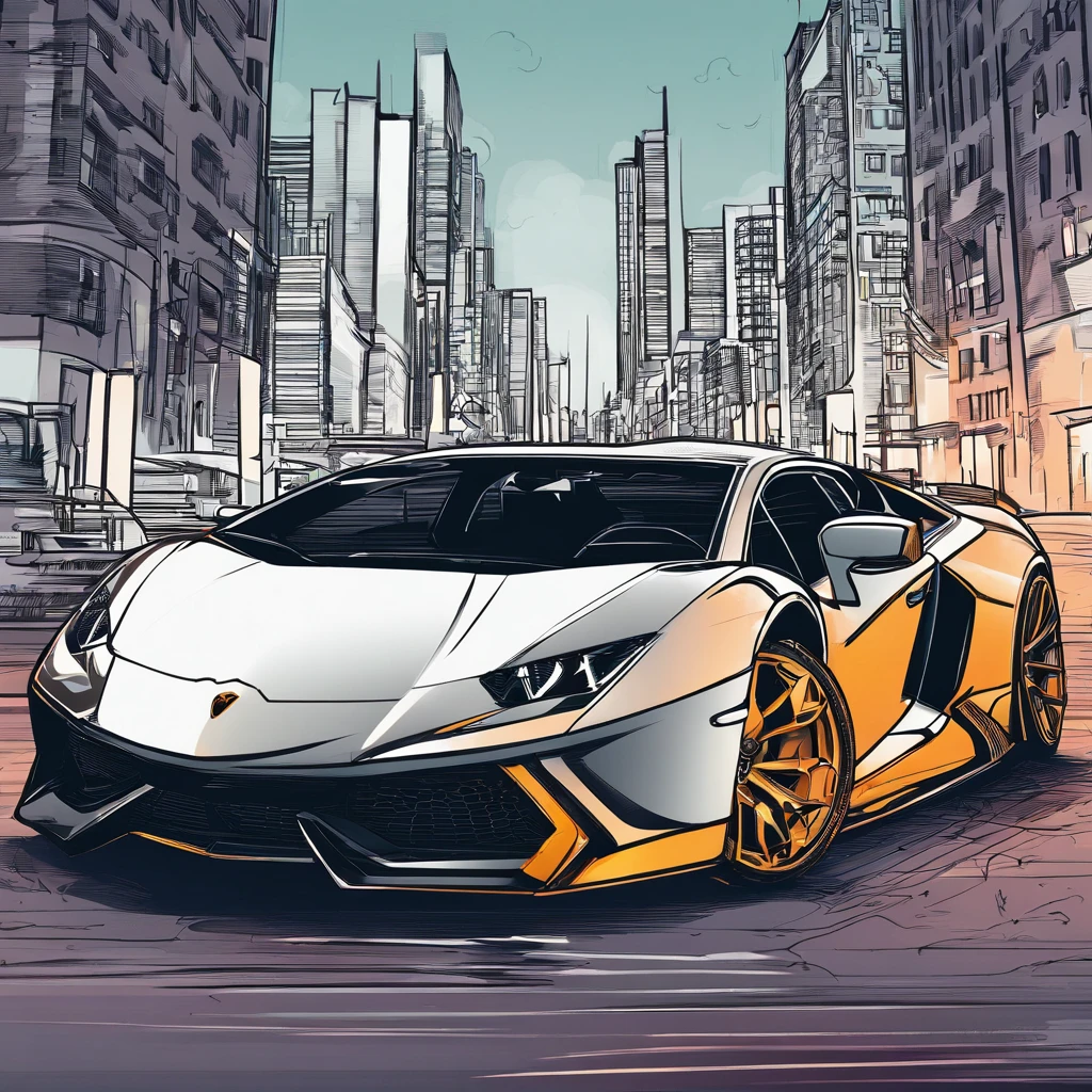 Lamborghini design in the street and in the background on the horizon, illustrative drawing, urban scenery, vibrant colors, dynamic lighting, high quality (4k, HDR), detailed car body, shiny metallic texture, realistic shadows, street lights, stylish and sleek design, futuristic vibes, urban atmosphere.