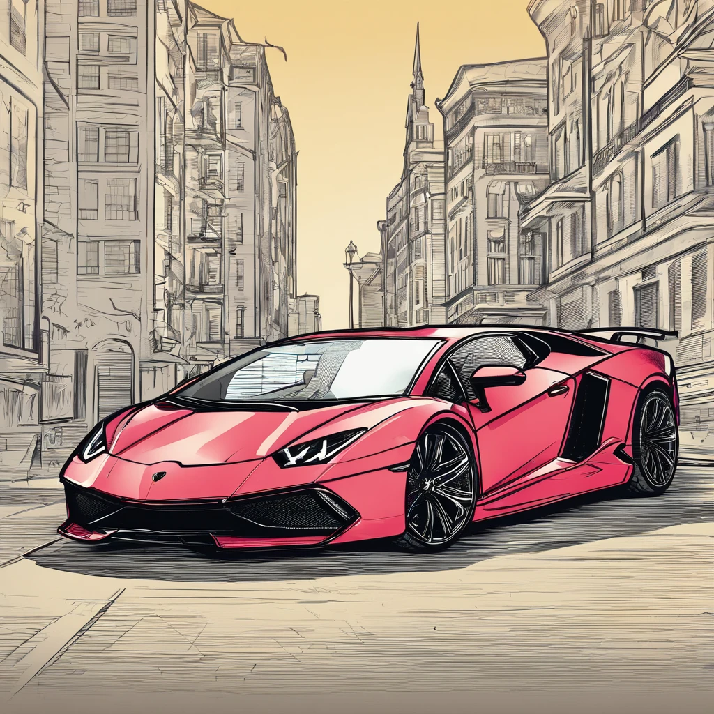 Lamborghini design in the street and in the background on the horizon, illustrative drawing, urban scenery, vibrant colors, dynamic lighting, high quality (4k, HDR), detailed car body, shiny metallic texture, realistic shadows, street lights, stylish and sleek design, futuristic vibes, urban atmosphere.