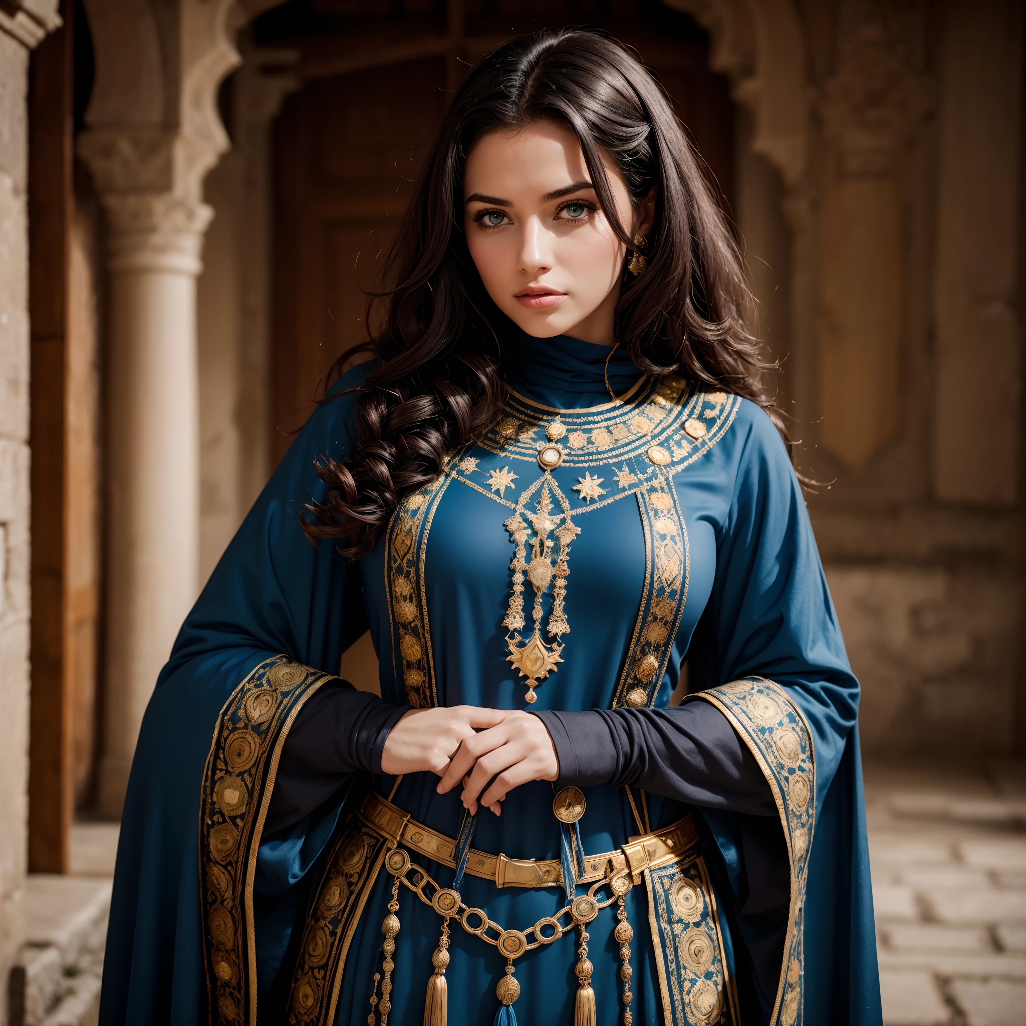 Photo brute, femme 25 ans, Image up to the size in the center of the composition, ((long, noir, curly hair)), yeux bleus, hautain, salope, arrogant, embroidered with gold from the early Middle Ages (Moroccan caftan Respectable Islamic BLUE and DARK Red Islamic outfit) avec long, grand, Manches droites spacieuses, in a medieval castle, blurred background, 8K UHD, dim lighting, hiquality, grain du film, Fujifilm XT3
