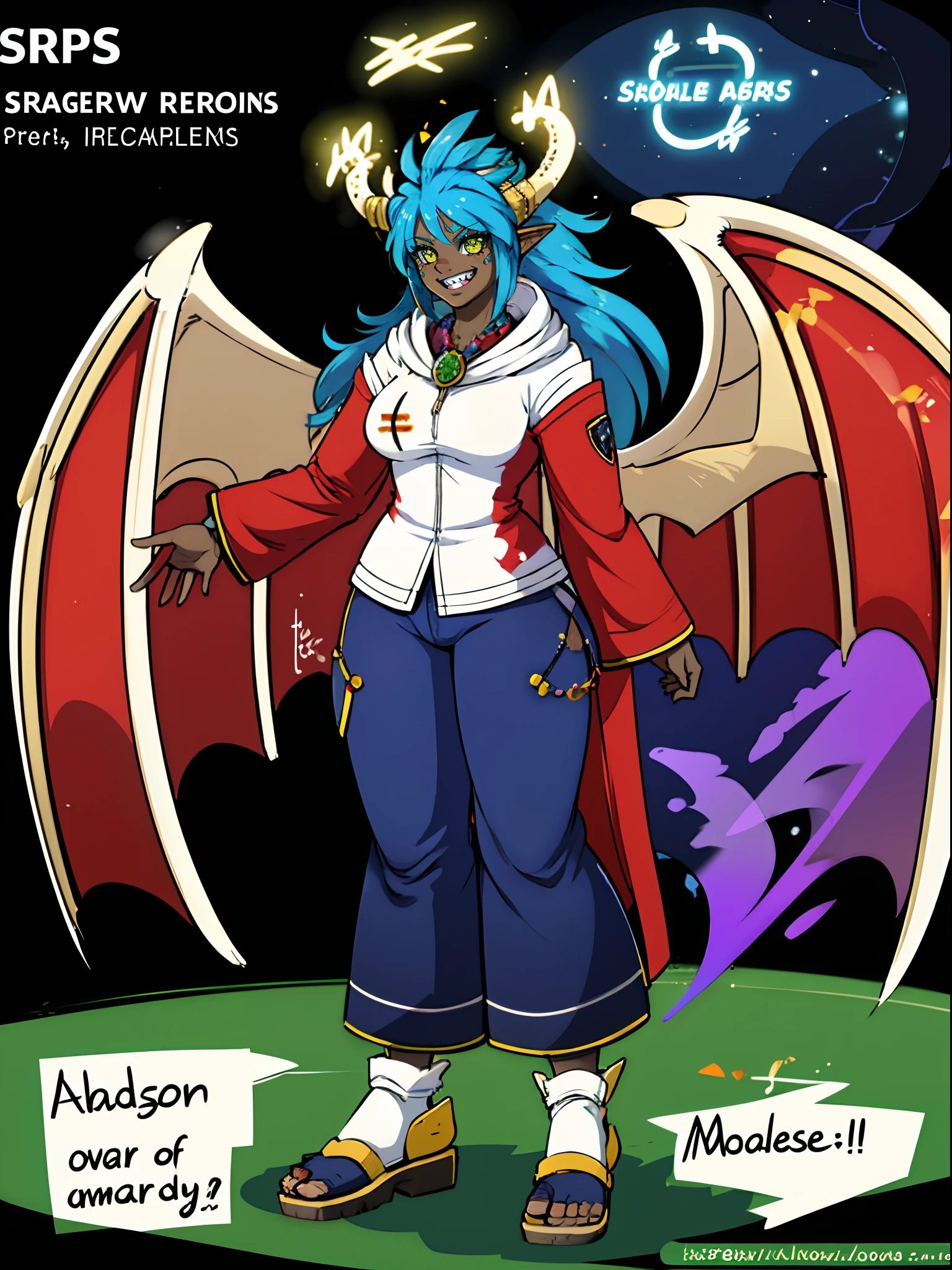 darkskinned-female, horns, dragon wings, ,pullover, pants,, full body, standing, long hair,sharpteeth, atomic, halo, robe, medieval clothing, smile