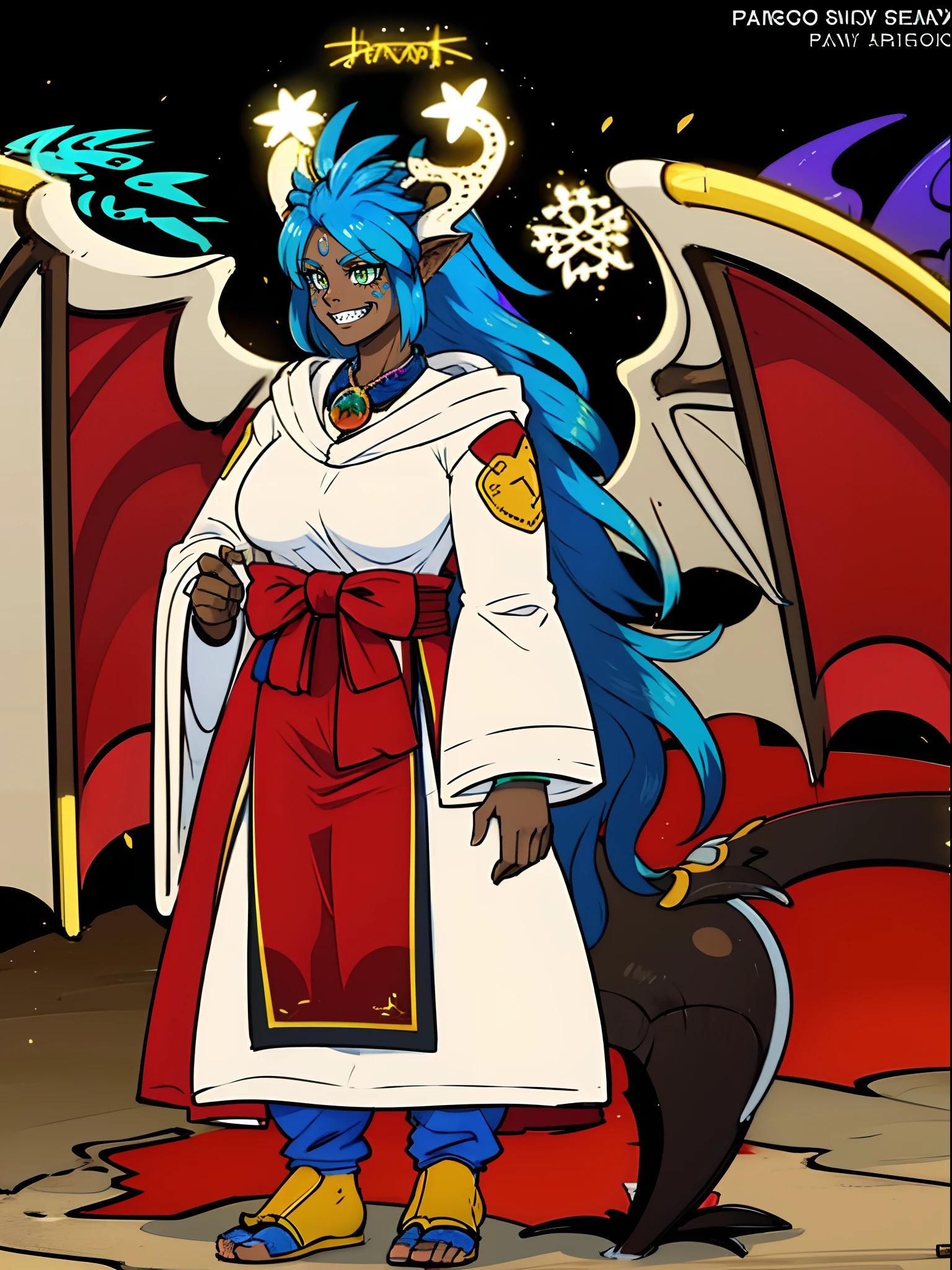 darkskinned-female, horns, dragon wings, ,pullover, pants,, full body, standing, long hair,sharpteeth, atomic, halo, robe, medieval clothing, smile