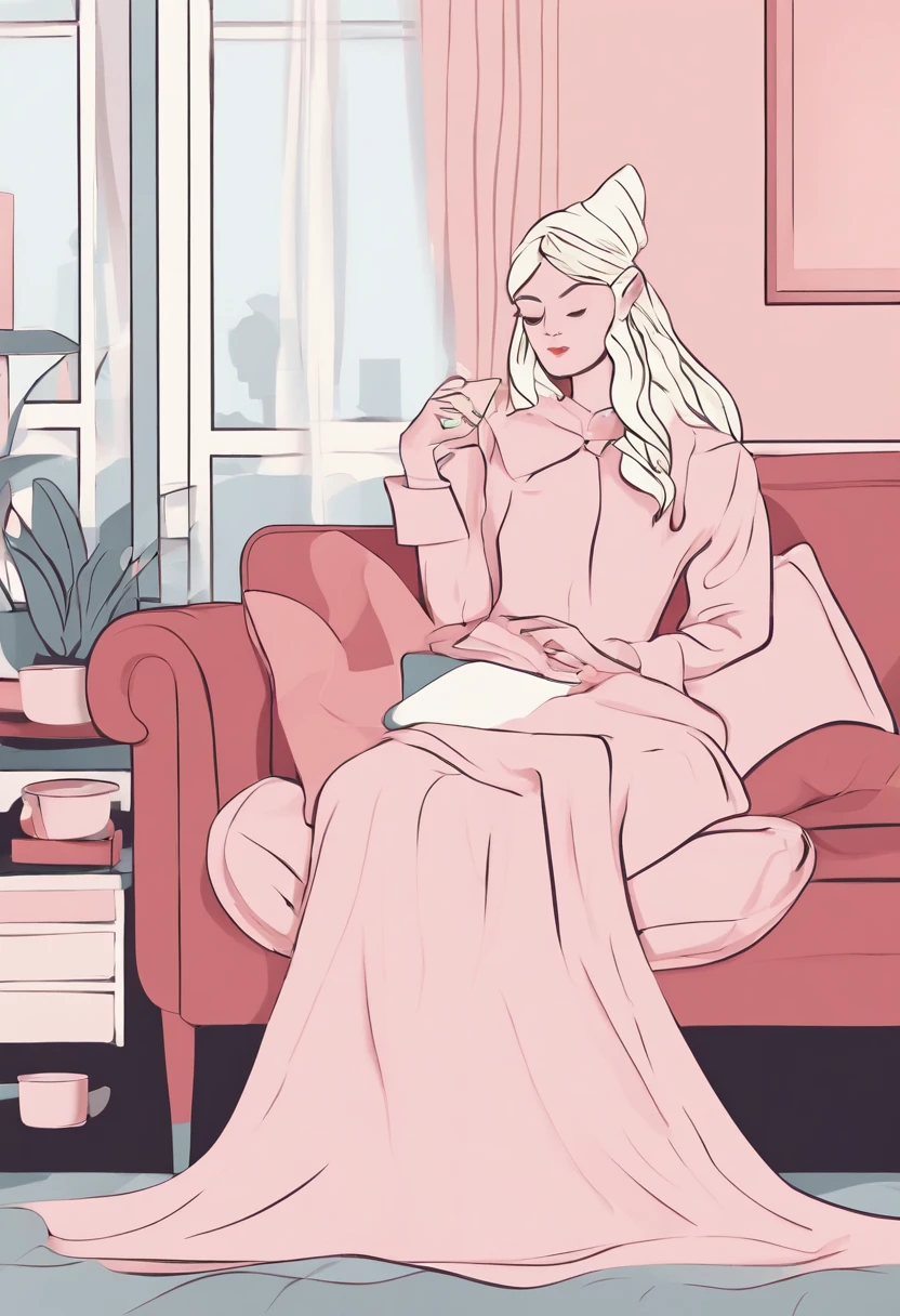 full-length elf with a pillow at home on the couch blonde pink strand dove clothes