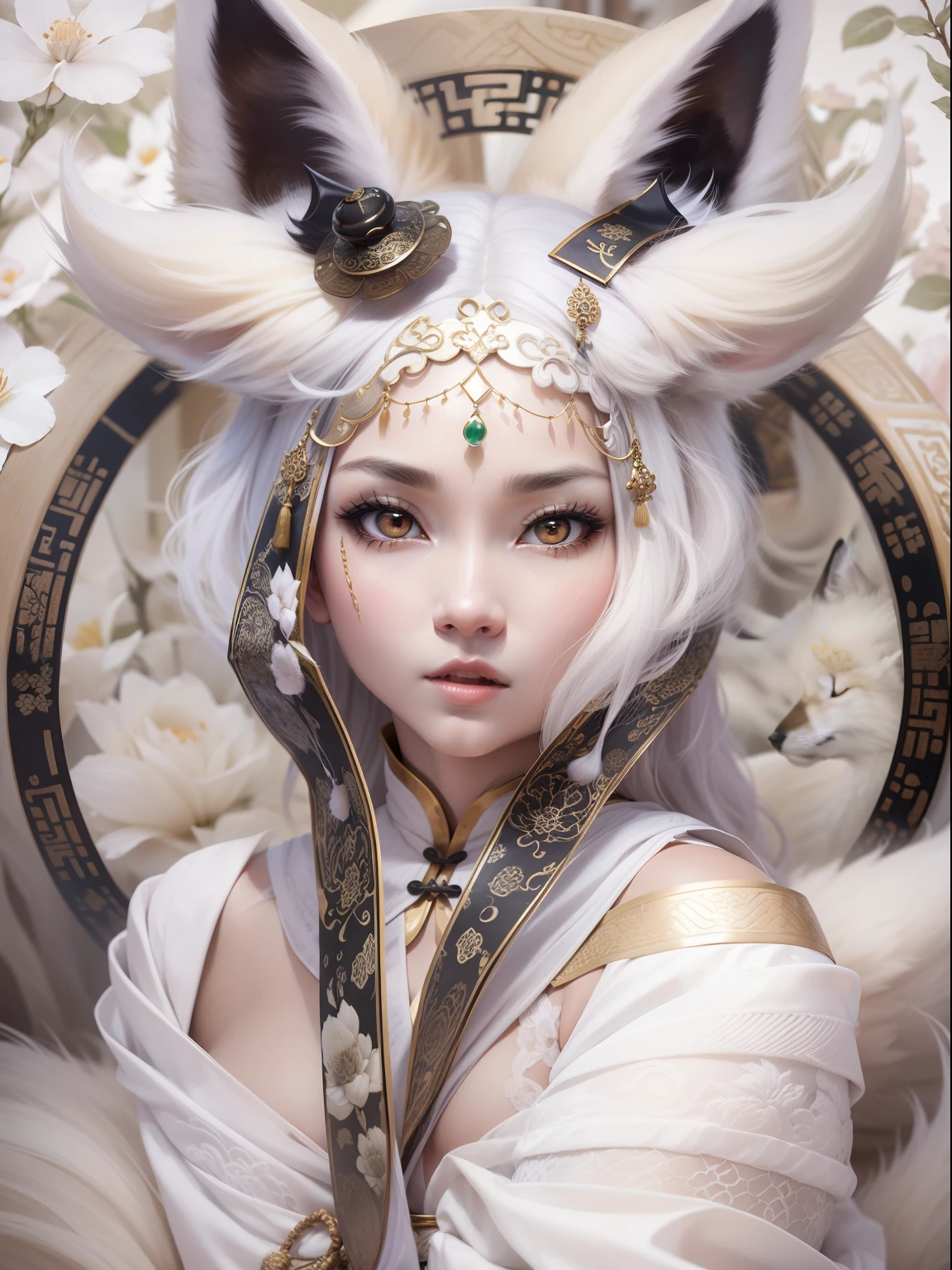 master part, Melhor, Noite, lua cheia, 1 female, White fox with three tails, Chinese style, China antiga, olhos negros, expression of wisdom and mystery, calmo, sentada, misteriosa