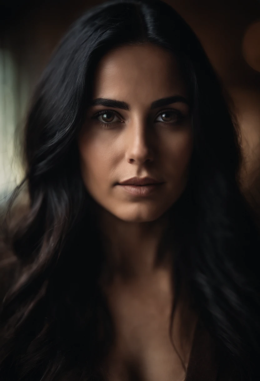 Portrait of a girl with long black hair, brown eye, 30 years