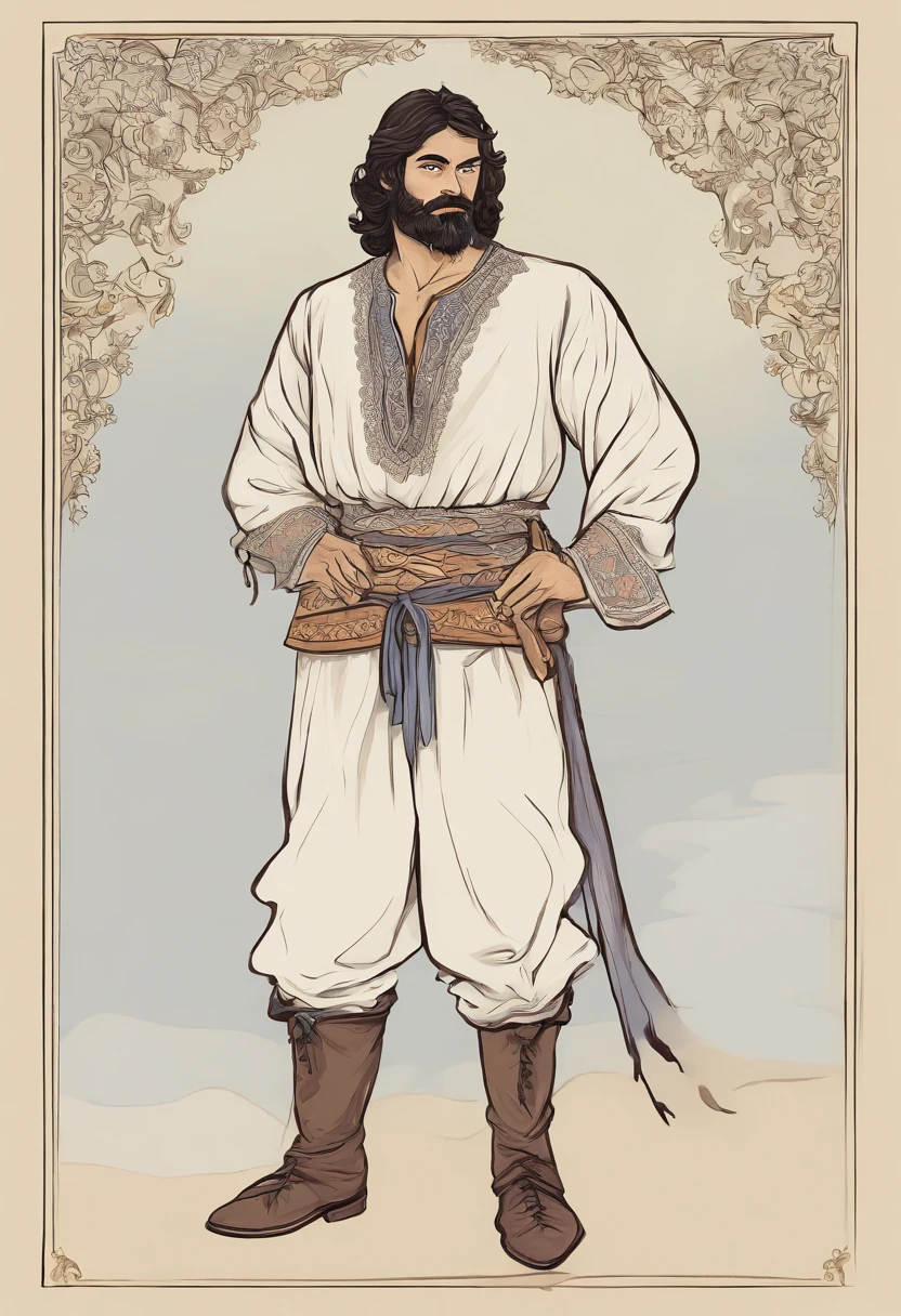 drawing with a simple pencil, Contours only. Very simple, Sympathetic and good-natured peasant, hero. humble, Tranquil. He is generous and promises to treat all the men with rye beer. The hero has thick and long black hair, and the same beard; Large and very strong hands. Stately appearance, athletic physique, bursting with health.
stands, As a host, in their native land, straightening his heroic shoulders to the fullest extent. He was dressed in rich attire, The caftan was embroidered with black velvet, Which at that time was considered a great luxury even for a rich man. Morocco boots with heels are worn on the feet, which looked very luxurious, Fashionable and prestigious. The face of the young peasant was very attractive, Clear blue eyes, dark eyebrows and chic curls on the head. According to the description of appearance, you can imagine a strong, a serious and attractive hero.