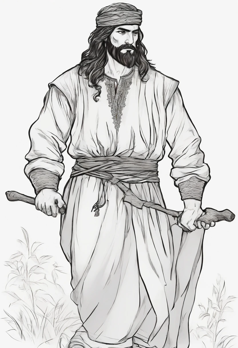 drawing with a simple pencil, Contours only. Very simple, Sympathetic and good-natured peasant, hero. humble, Tranquil. He is generous and promises to treat all the men with rye beer. The hero has thick and long black hair, and the same beard; Large and very strong hands. Stately appearance, athletic physique, bursting with health.
stands, As a host, in their native land, straightening his heroic shoulders to the fullest extent. He was dressed in rich attire, The caftan was embroidered with black velvet, Which at that time was considered a great luxury even for a rich man. Morocco boots with heels are worn on the feet, which looked very luxurious, Fashionable and prestigious. The face of the young peasant was very attractive, Clear blue eyes, dark eyebrows and chic curls on the head. According to the description of appearance, you can imagine a strong, a serious and attractive hero.
