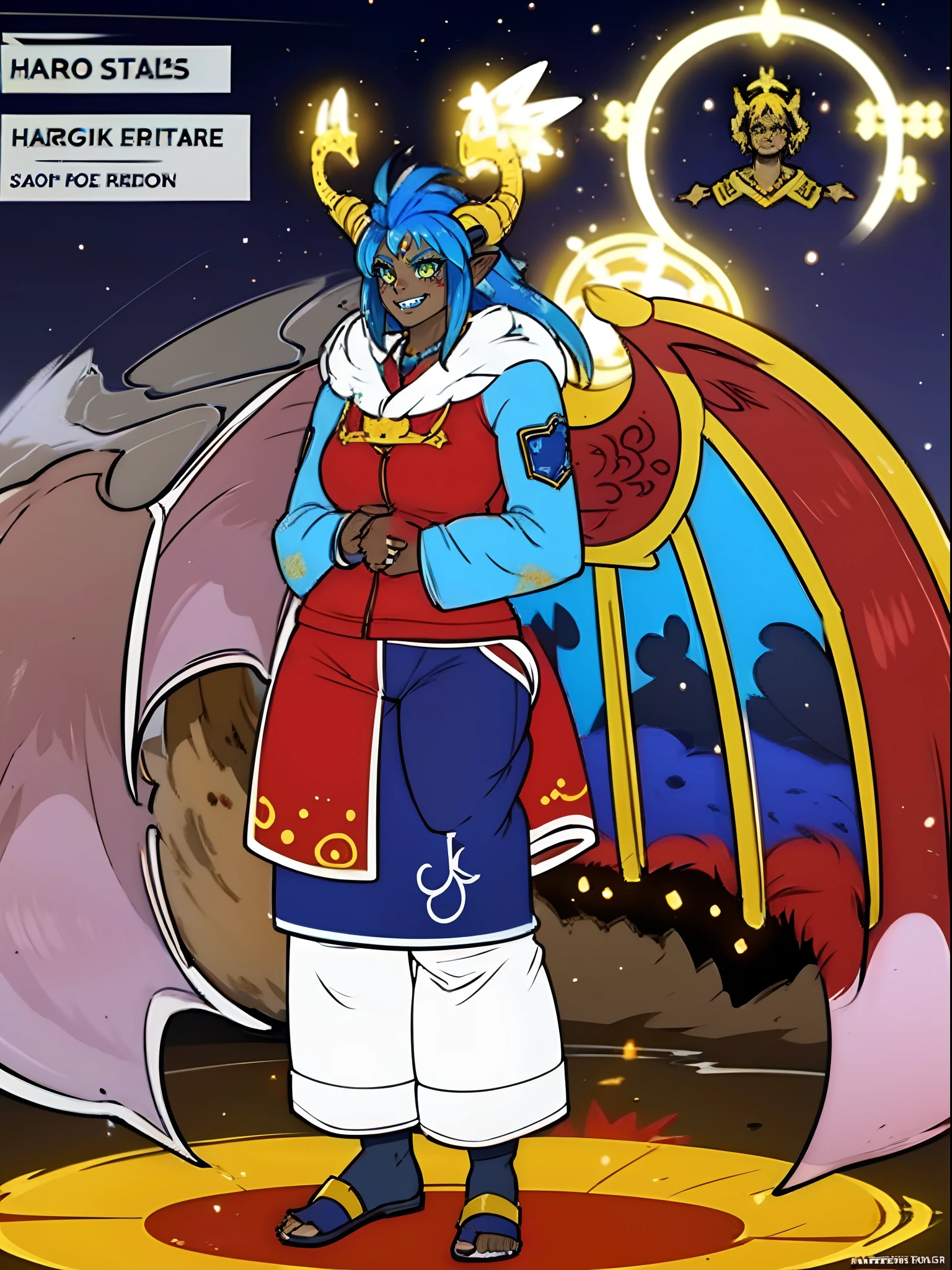 darkskinned-female, horns, dragon wings, ,pullover, pants,, full body, standing, long hair,sharpteeth, atomic, halo, robe, medieval clothing, smile