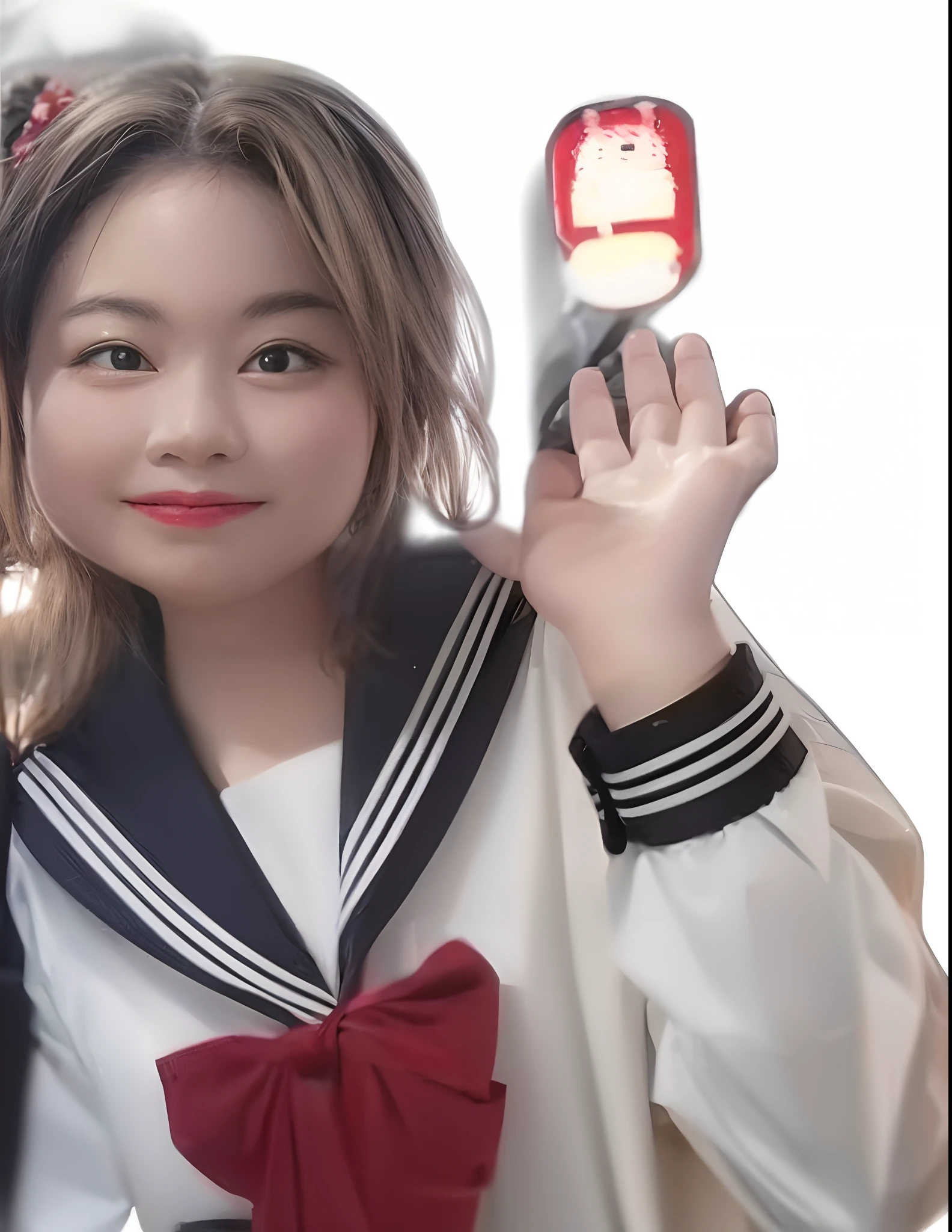 There was a cute girl in a sailor's suit，The face is slightly chubby, shikamimi, seifuku, Junko Enoshima, inspired by Ayako Rokkaku, chiho, inspired by Matsumura Goshun, inspirado por Kim Jeong-hui, Waving, chihiro! fujisaki, [ Digital art ]!!, twintails white_mitts