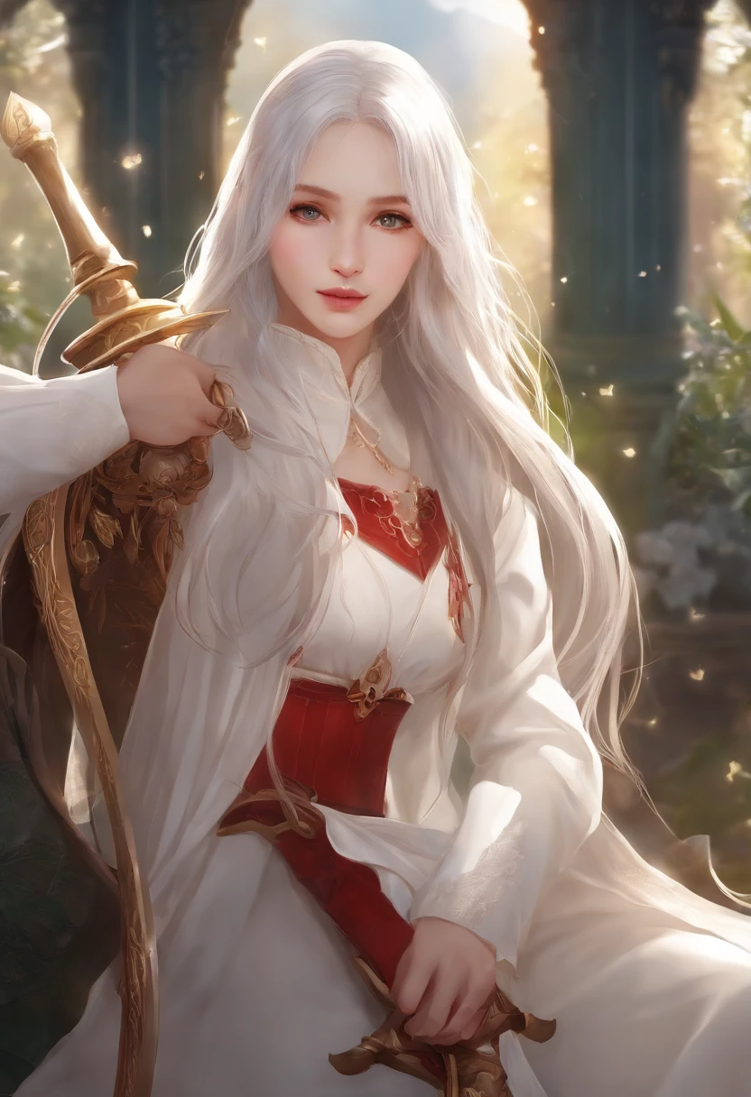 kiana,A girl with long white hair,8K,Delicate girl,Armed with a red giant sword,blue colored eyes,White clothes,Cute,Masterpiece,Gentle and sweet,火焰,