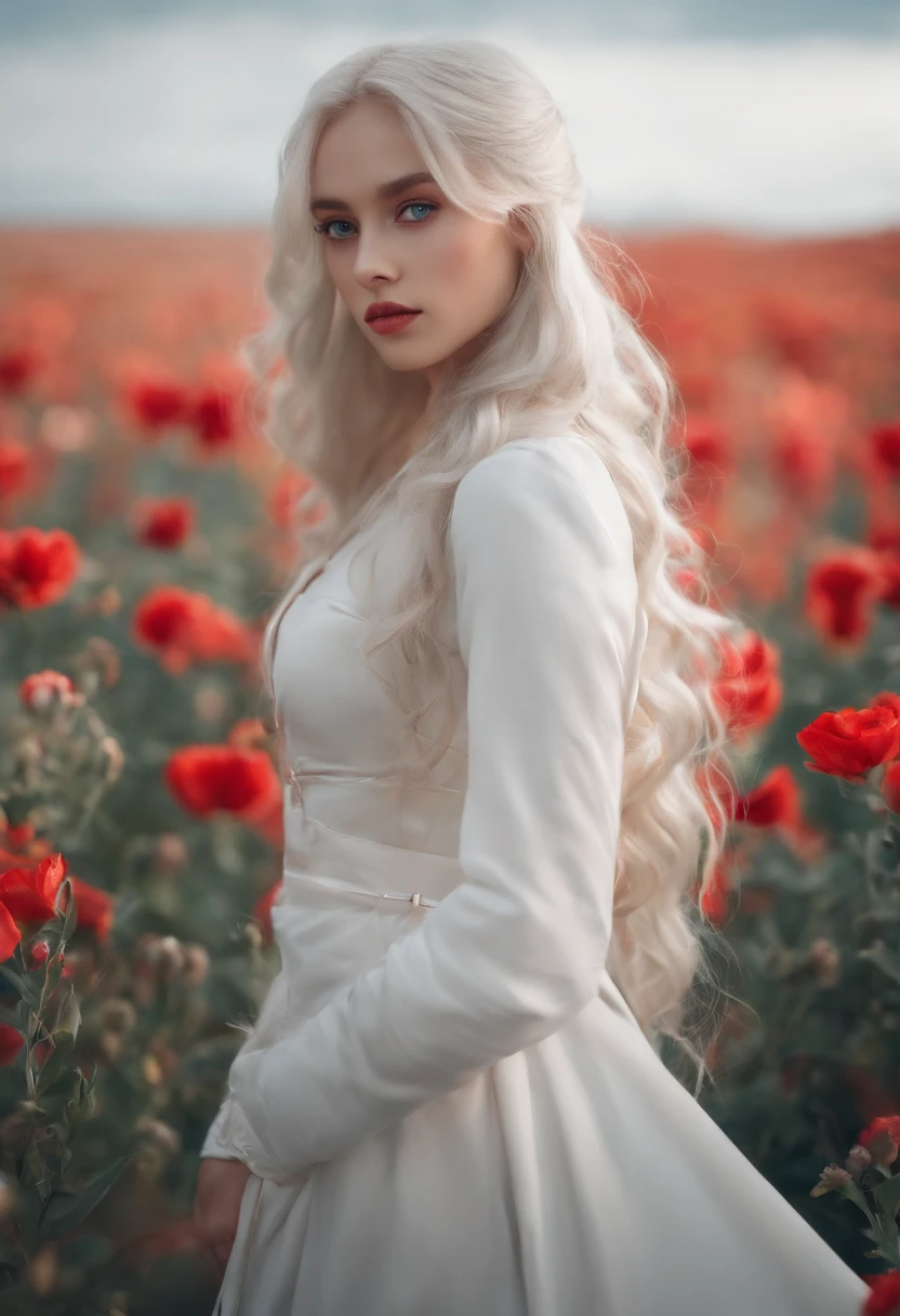 A girl with white hair with red stripes, naked only wearing her hat, in a colorful meadow, at night, nsfw, small breasts