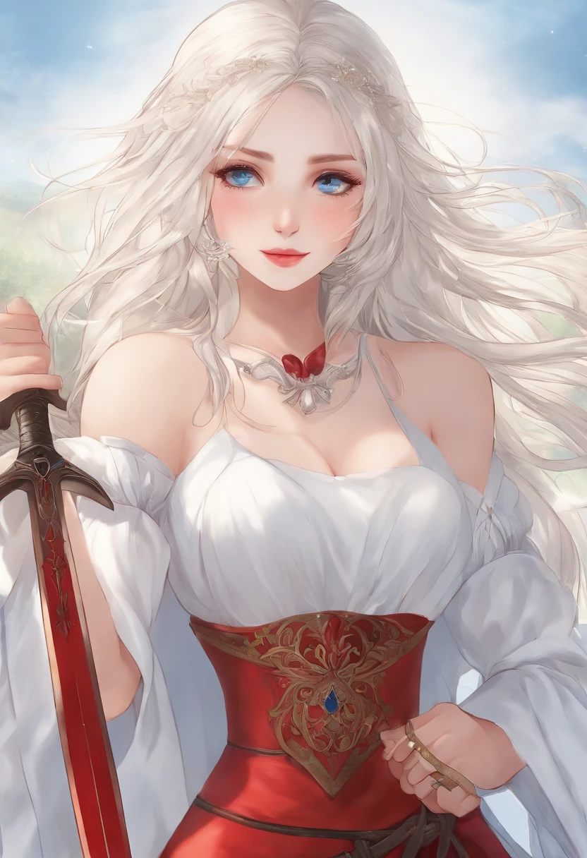 kiana,A girl with long white hair,8K,Delicate girl,Armed with a red giant sword,blue colored eyes,White clothes,Cute,Masterpiece,Gentle and sweet,火焰,