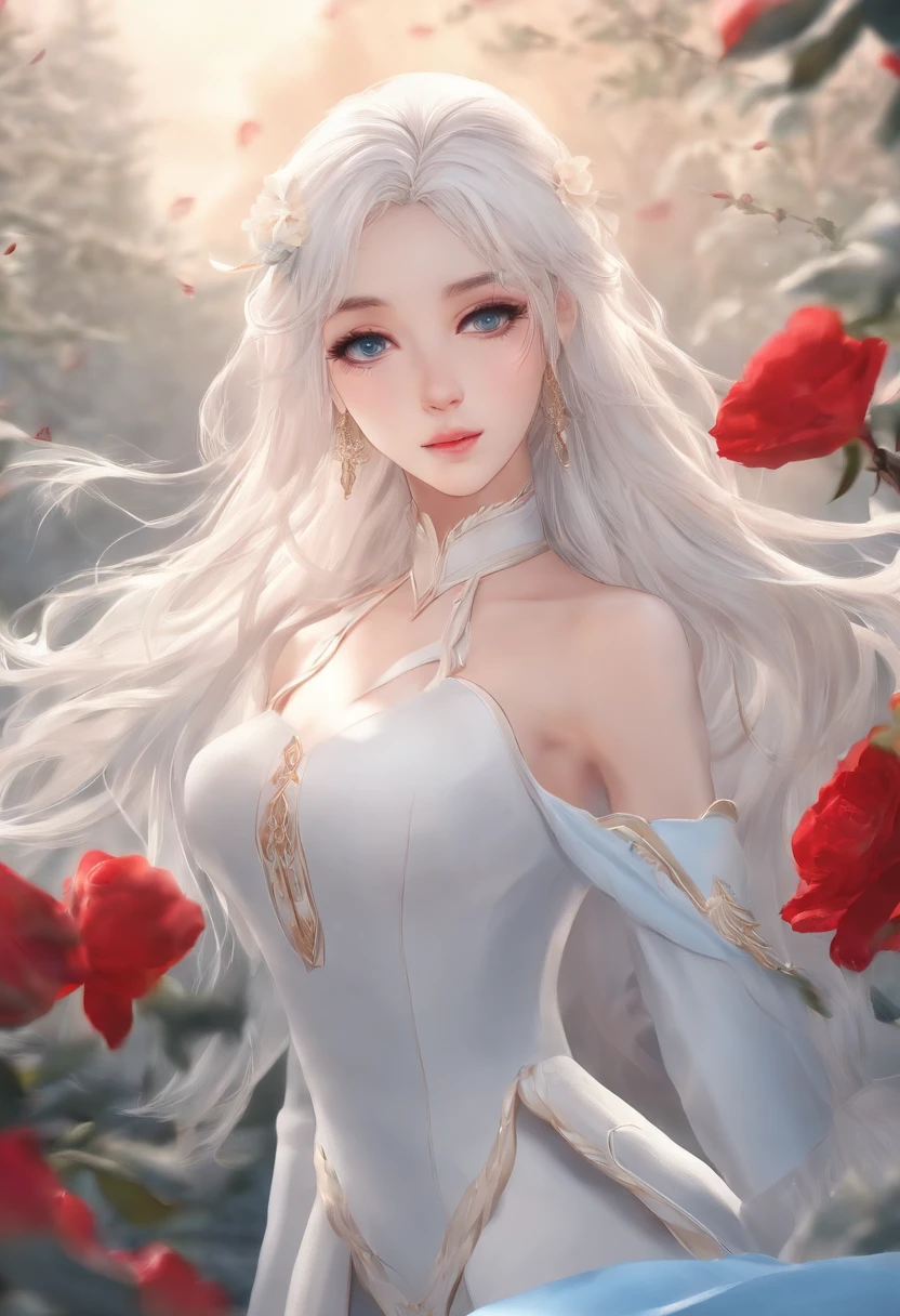 kiana,A girl with long white hair,8K,Delicate girl,Armed with a red giant sword,blue colored eyes,White clothes,Cute,Masterpiece,Gentle and sweet,火焰,
