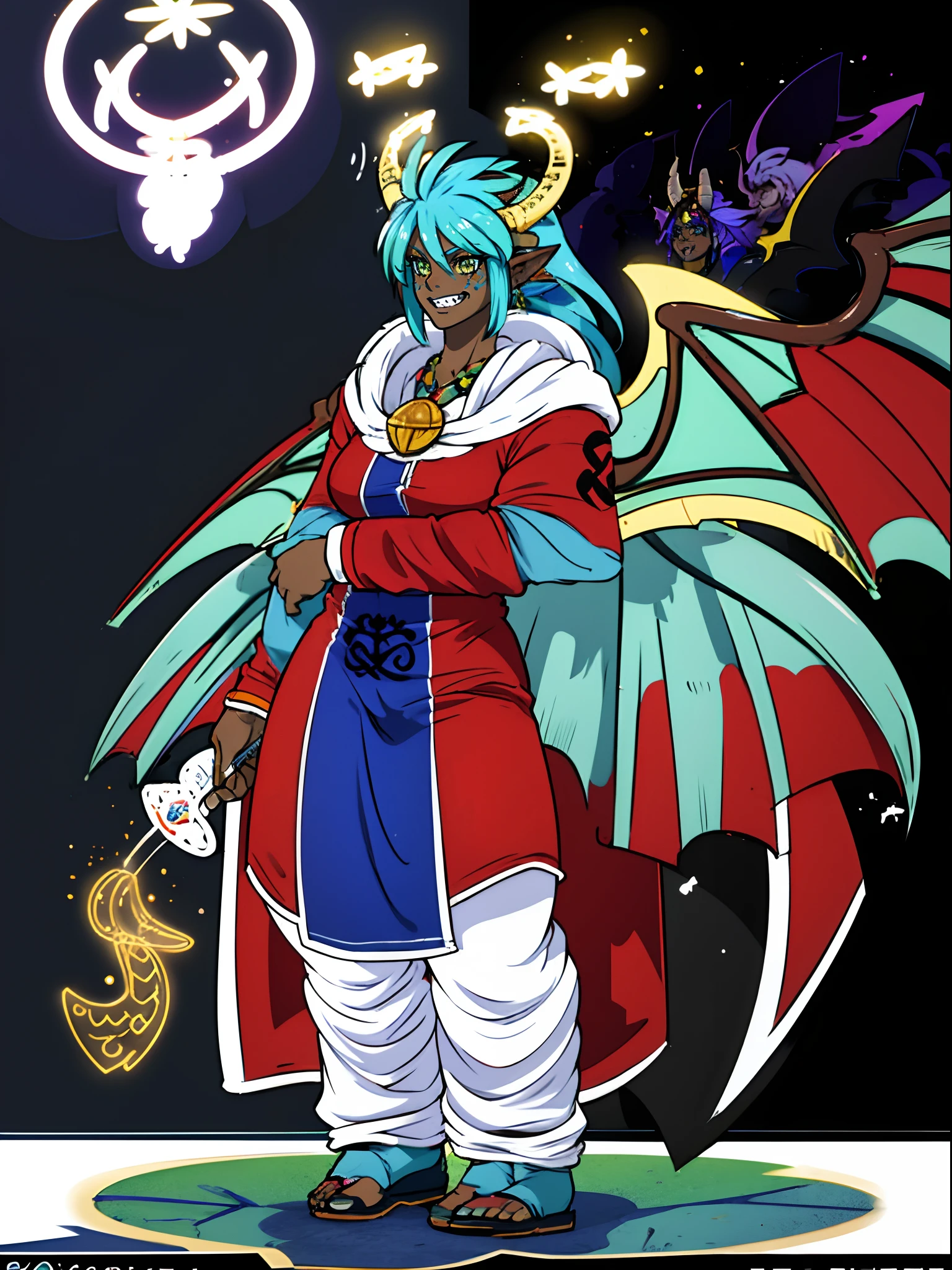 darkskinned-female, horns, dragon wings, ,pullover, pants,, full body, standing, long hair,sharpteeth, atomic, halo, robe, medieval clothing, smile