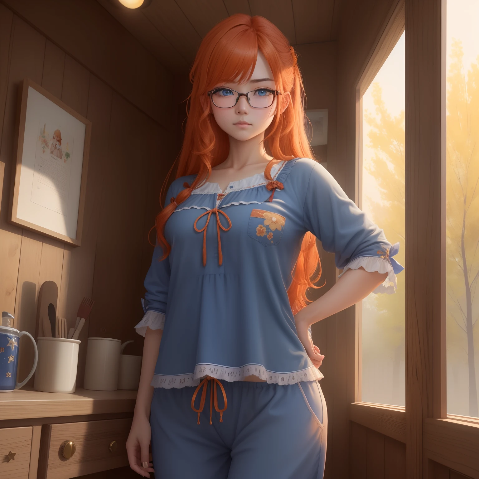 8k, masterpiece, best quality, realistic, higly detailed, cowboy shot, 1girl, solo, itsuki, serious looking girl, medium-length hair, expressive ahoge, reddish-orange hair, a pair of star-shaped hairpins near both of her eyes, dark blue eyes, average height, well-endowed figure, glasses, cute, pijama