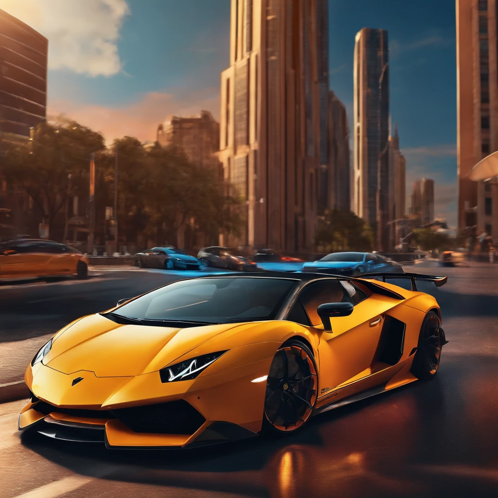 a lamborghini design in street and in the skylines in the background, illustration,