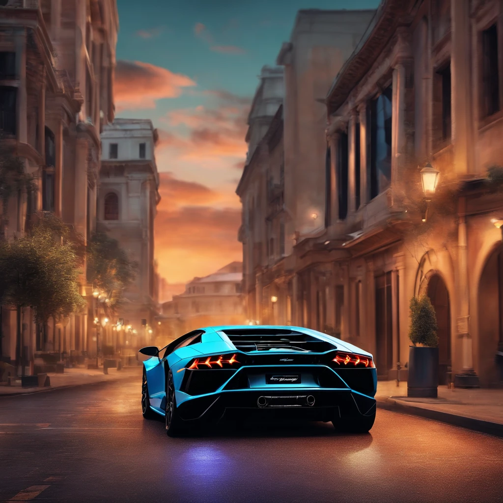 a lamborghini design in street and in the skylines in the background, illustration,