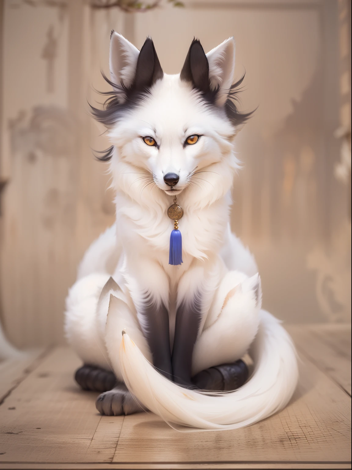 master part, Melhor, Noite, lua cheia, 1 female, White fox with three tails, Chinese style, China antiga, olhos negros, expression of wisdom and mystery, calmo, sentada, misteriosa
